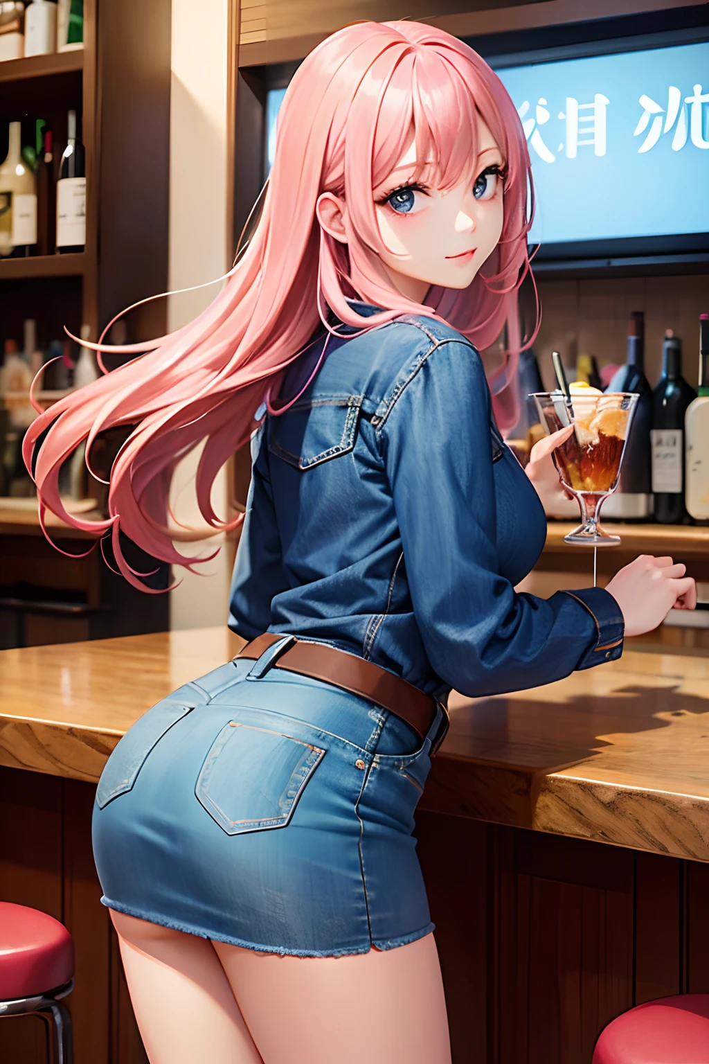 Snack Woman、Woman working in bar、well-styled、ren、Beautiful fece、sexy dress、、Skin Jean Miniskirt, Long pink hair, Looking at the viewer, Front view,