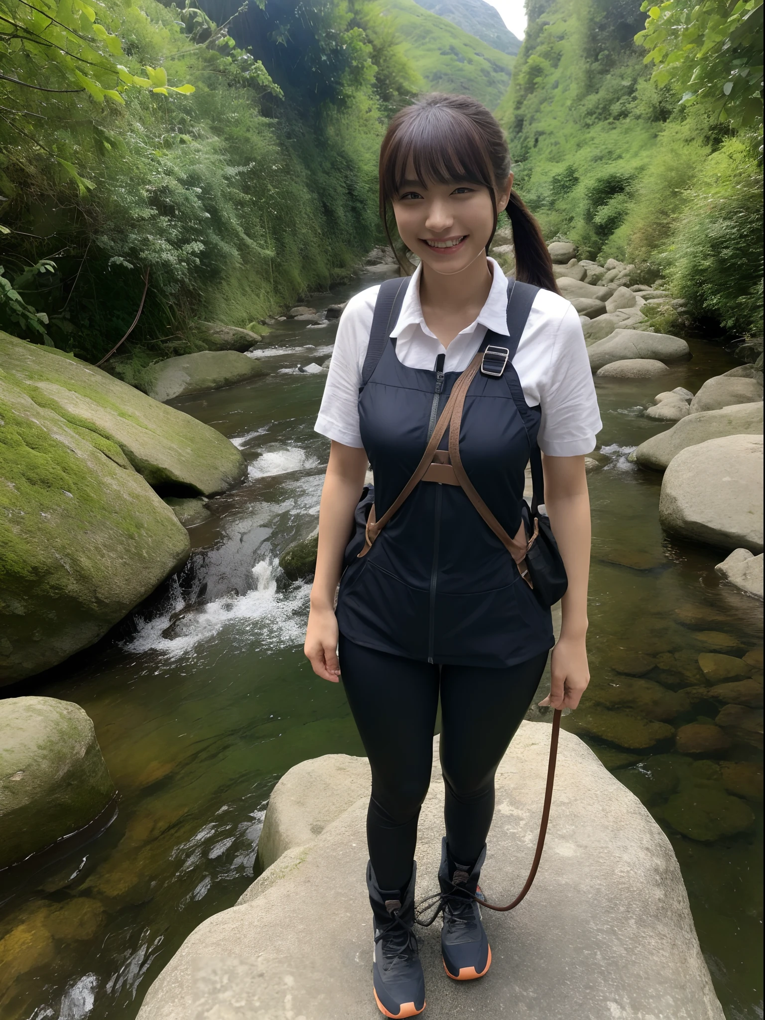 mountain climbing、Very big waterfall in the background、Otaki Climb、Emerald Green Waterhole、Hiking boots、Stream updates、(top-quality、8K、masterpiece:1.3))、full body Esbian、long legged、Beautiful woman with perfect body shape:1.4、A slender、dark brown hair、Mountaineering Wear、Highly detailed facial and skin texture、A detailed eye、二重まぶた、A smile、Beautiful breasts、Less exposure、backpack、poneyTail、Sawa tabi、helmets、Climbing rope、Happy smile