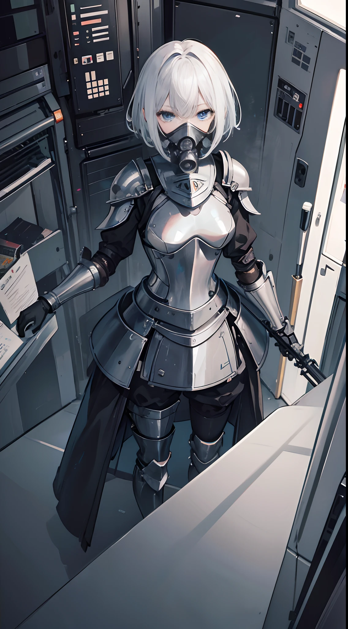 Puppet with gas mask,Beautiful materials,Short silver hair,Black close-fitting armor,Lady Knight