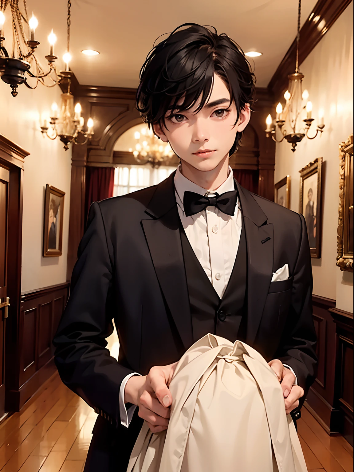 1boy,11 only、(Man's :2),(bobhair:1.5)、A dark-haired、Bright tuxedo、Inside a luxurious old Western-style building、Luxurious chandeliers、beautiful  lighting、hightquality、masutepiece,8K,hight resolution、