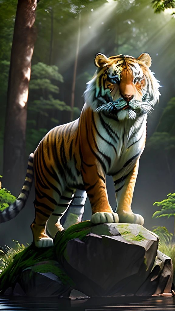 um tigre feroz,Em uma floresta verde brilhante,fotorrealista,realista,Cinematic light,Standing on a large rock。Excepcionalmente poderoso