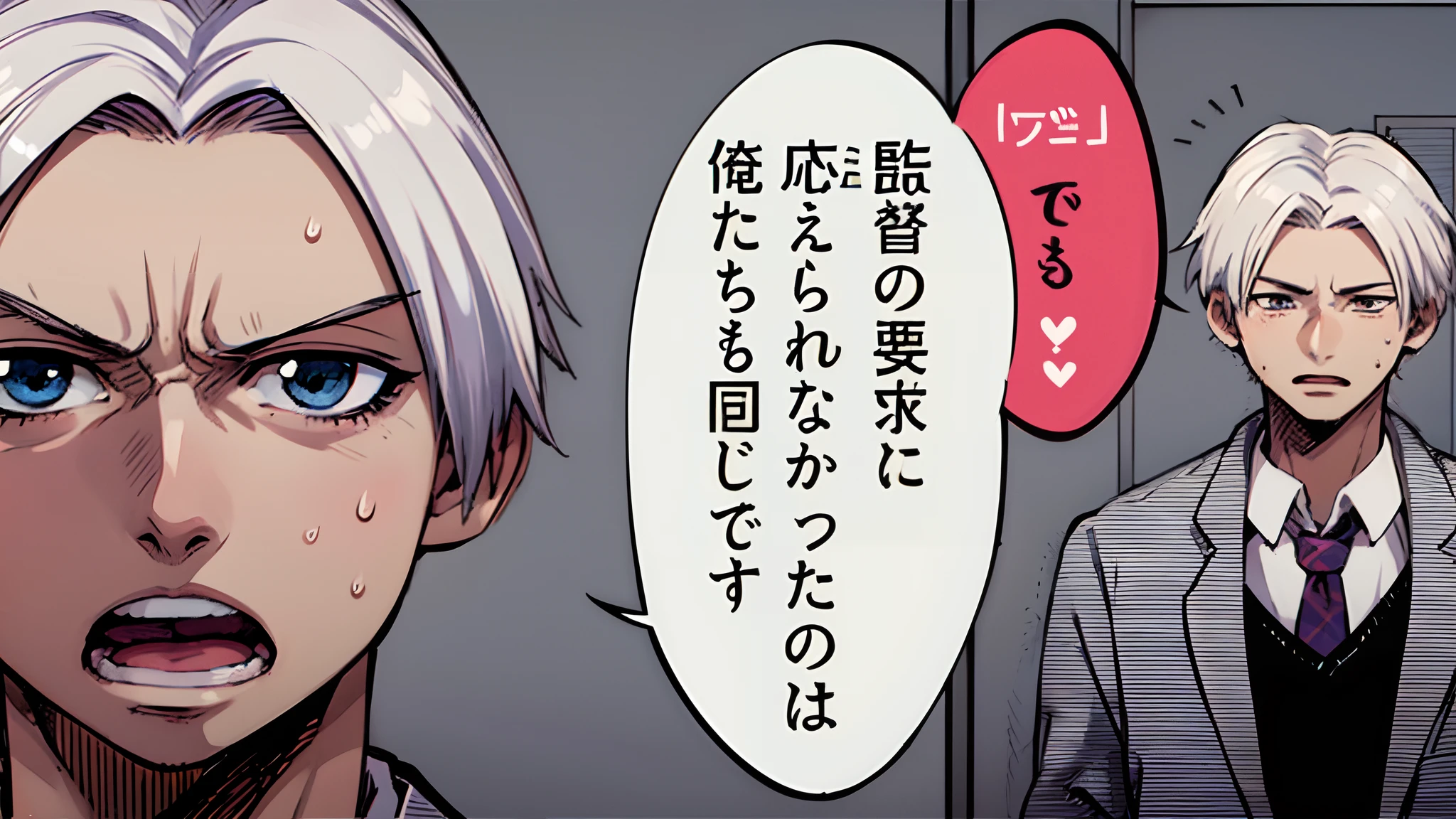 a anime of a boy cartoon, white hair, sweat, manga, text manga, color manga, manga color, color manga, color manga panel, simple background