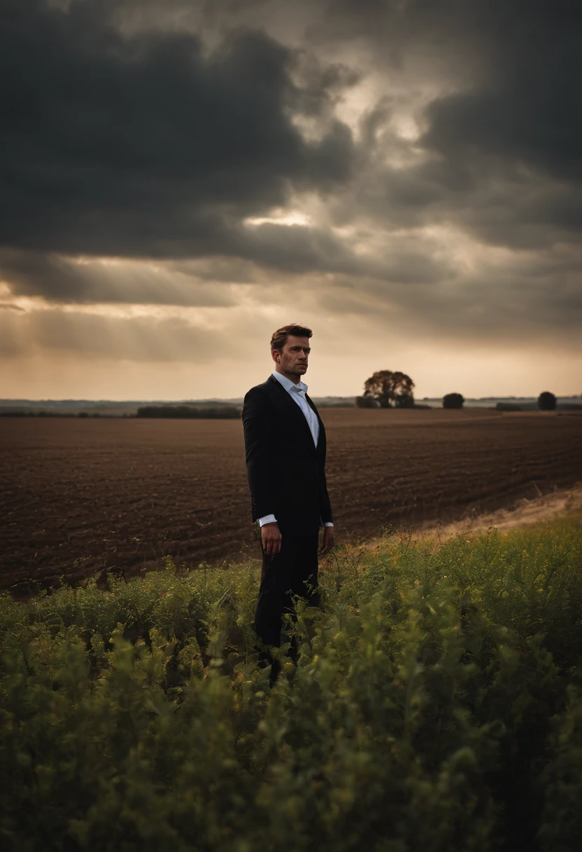 Portrait photo of a man wearing a black suit, full of wounds, looking at the camera, tall agricultural fields, a bit dark