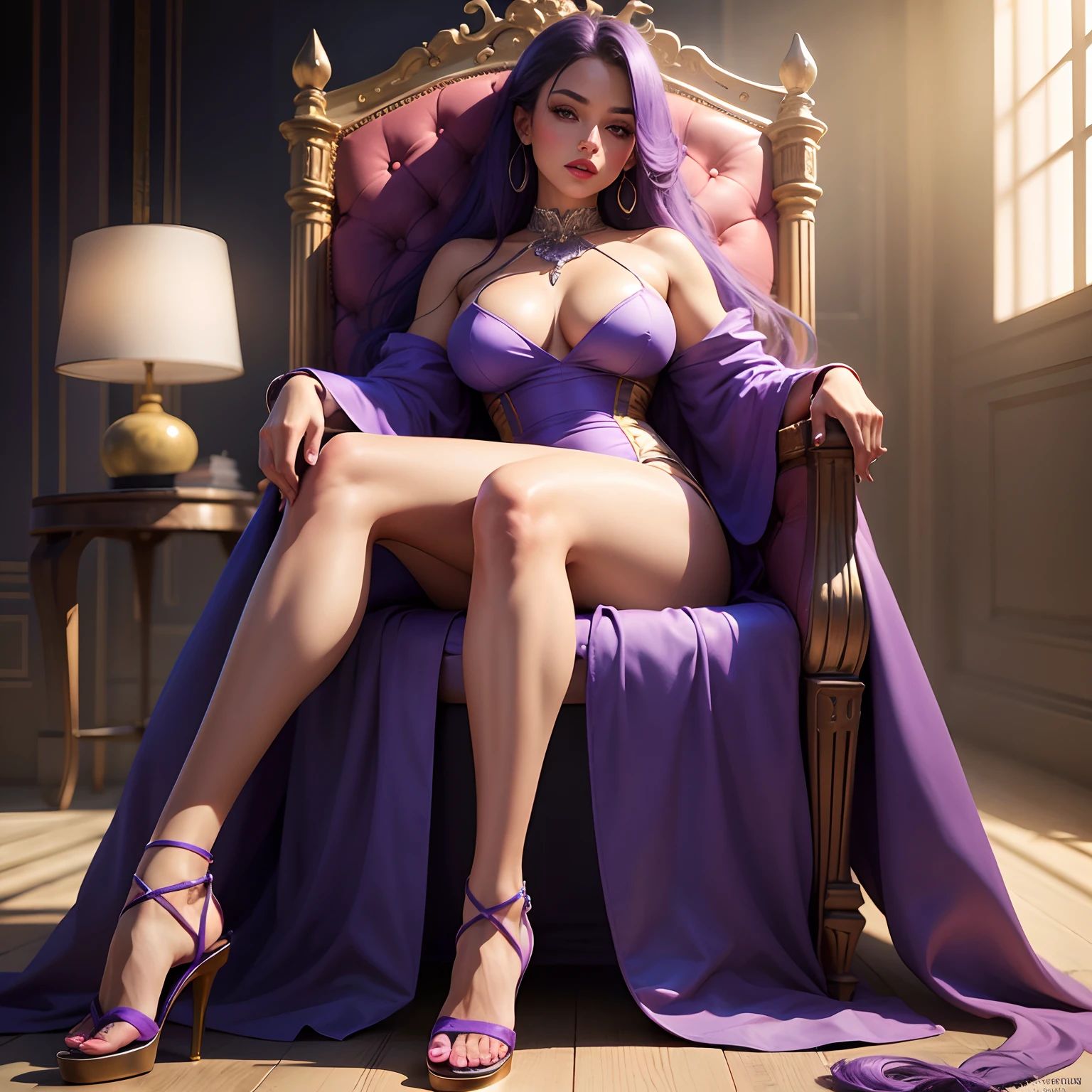 Produce an ultra-realistic Instagram model of a beautiful woman, high heel sandals, full body, long purple bluehair, blue eyes, soft skin, sitting on a throne, legs crossed, beautiful dress,big breast, bart of breast out, The image has a high resolution of 4K, with soft, natural lighting that enhances the model's skin tones and the colors of their outfit, leg uncover, red lips, brown skin