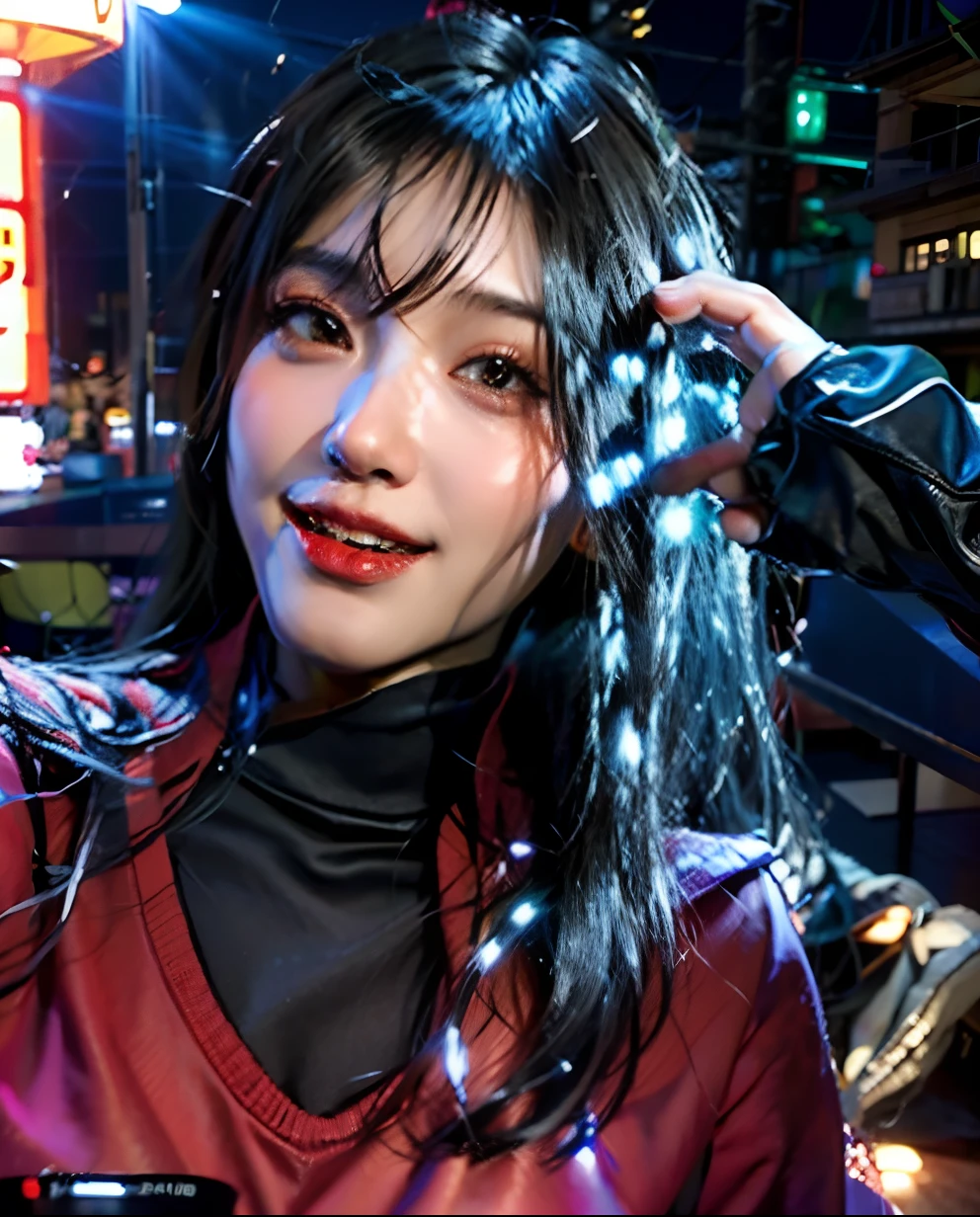 (masterpiece), best quality, ultra high res, close up, slim body, 1girl,school uniform, long hair, laughing, ramen, night, Tokyo restaurant background, colorful lights, photon mapping, radiosity, physically-based rendering, cinematic lighting, intricate, High Detail, Sharp focus, dramatic, photorealistic