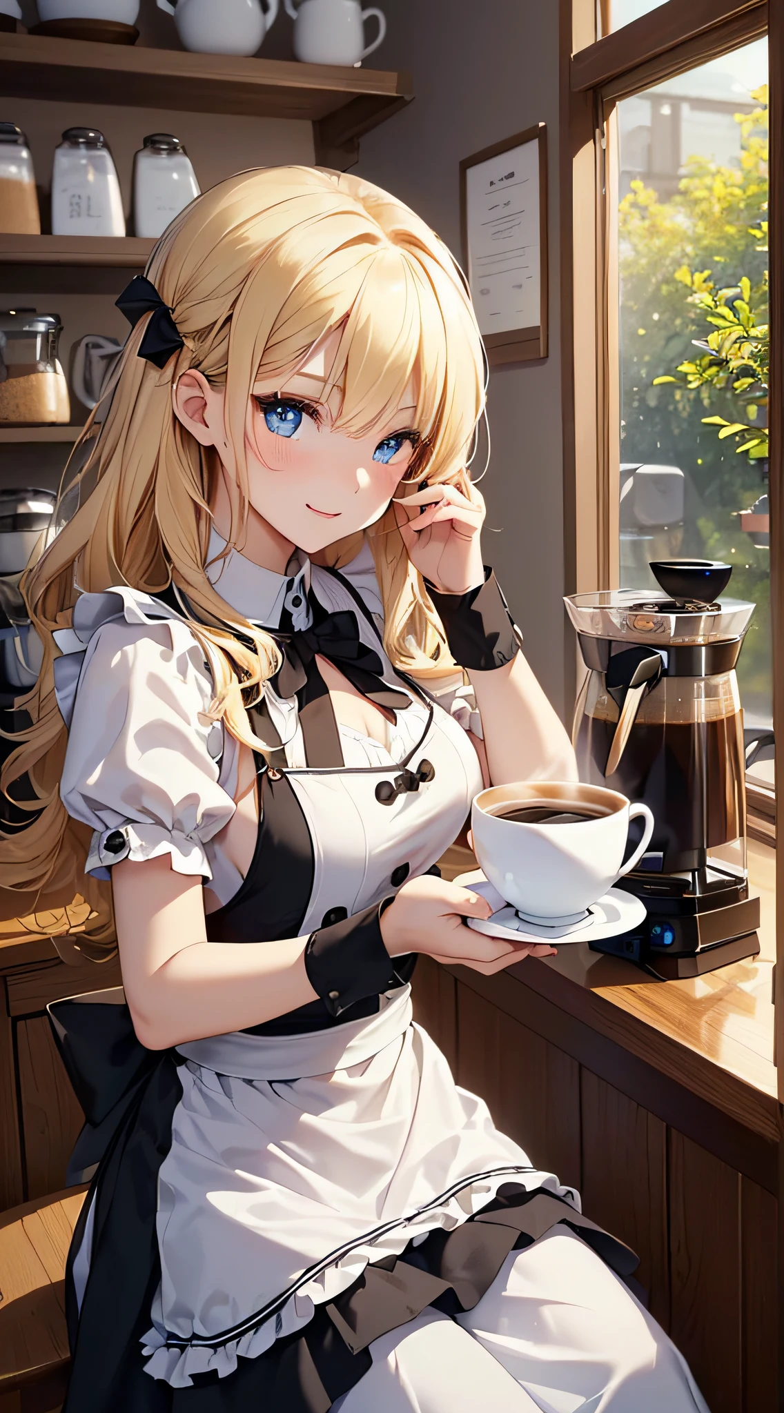 top-quality、Top image quality、​masterpiece、girl with((18year old、maid clothes、Best Bust、Bust 85、a blond、Longhaire、Blue eyes、open chest wide、Valley、Happiness、Black wristband on wrist、A slender、耳Nipple Ring、The wind blows,holding coffee cup、close to viewer、Face-to-face with your audience、Take a seat、Wink)）hiquality、visualart、Background with((tea shop、Counter seats、Coffee maker))、The table(menu、Coffee Cups Coffee Cups、Sugar Bottle、Milk),masutepiece、