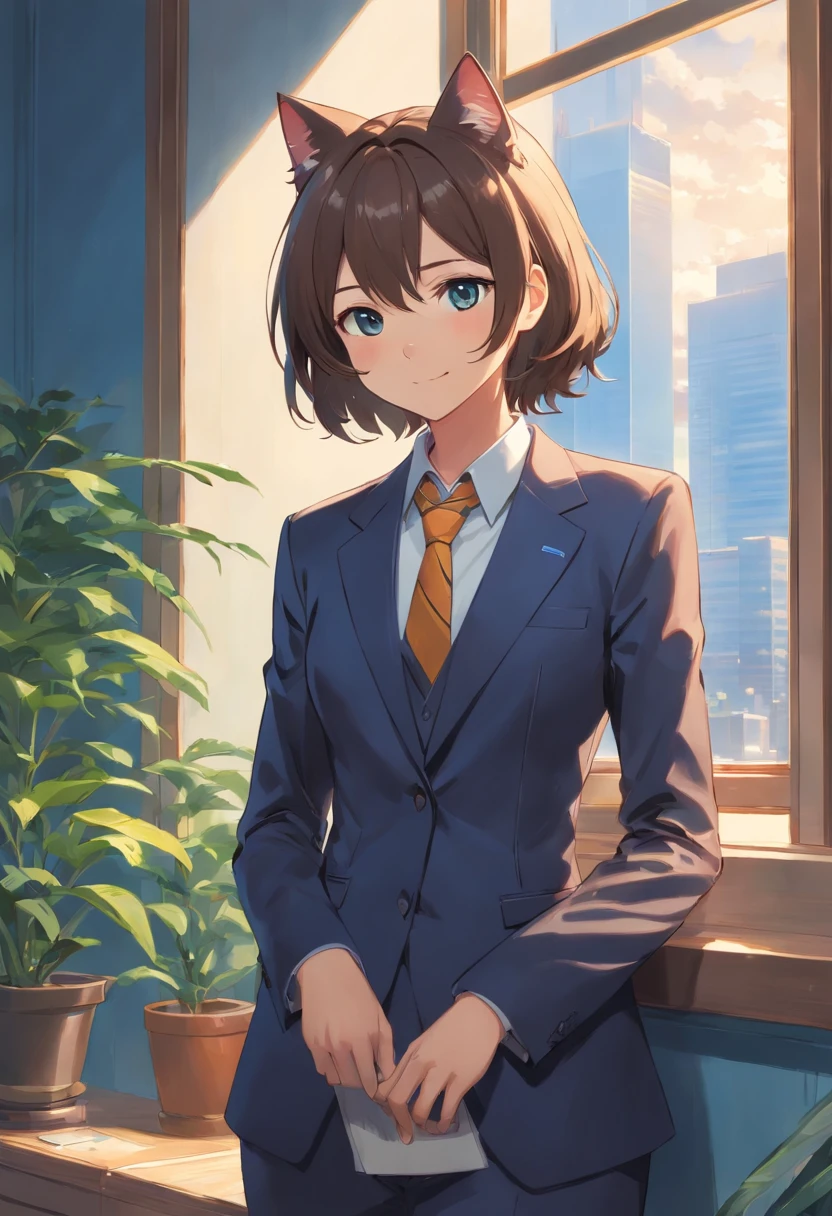 Cat in suit and tie standing by window, in a strict suit, in a strict suit, Portrait with a complete view of a standing figure , Dark suit, epic and classy portrait, highly detailed exquisite fanart, Official Character Art, well - dressed, dignified aristocrat, official character illustration, in his suit, Trending on ArtStation pixiv, high detailed official artwork, elegant cat , kindly smile , Gentle lol , Depicted from head to toe , Depiction that can be seen up to the feet