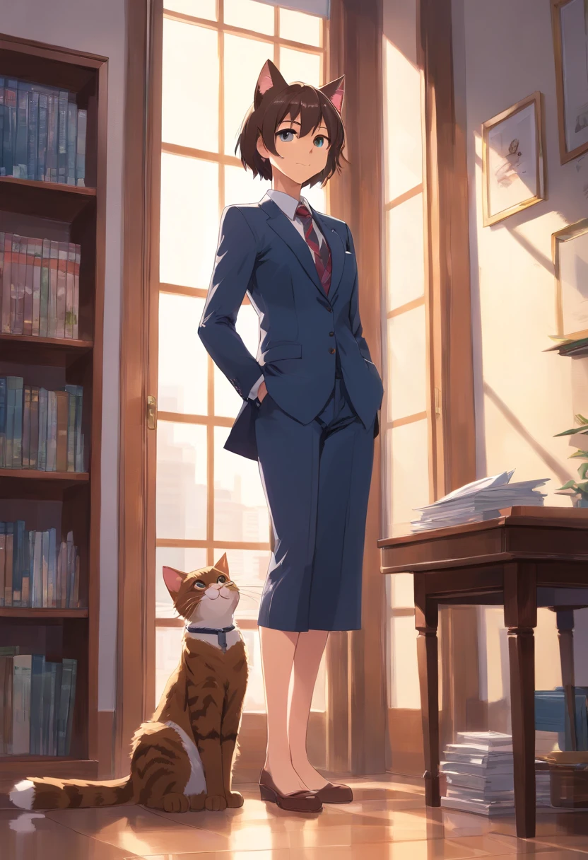 Cat in suit and tie standing by window, in a strict suit, in a strict suit, Portrait with a complete view of a standing figure , Dark suit, epic and classy portrait, highly detailed exquisite fanart, Official Character Art, well - dressed, dignified aristocrat, official character illustration, in his suit, Trending on ArtStation pixiv, high detailed official artwork, elegant cat , kindly smile , Gentle lol , Depicted from head to toe , Depiction that can be seen up to the feet