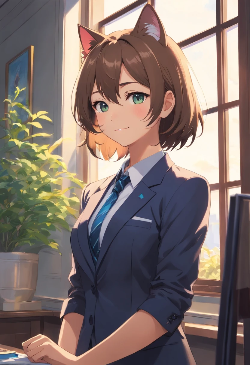 Cat in suit and tie standing by window, in a strict suit, in a strict suit, Portrait with a complete view of a standing figure , Dark suit, epic and classy portrait, highly detailed exquisite fanart, Official Character Art, well - dressed, dignified aristocrat, official character illustration, in his suit, Trending on ArtStation pixiv, high detailed official artwork, elegant cat , kindly smile , Gentle lol , Depicted from head to toe , Depiction that can be seen up to the feet