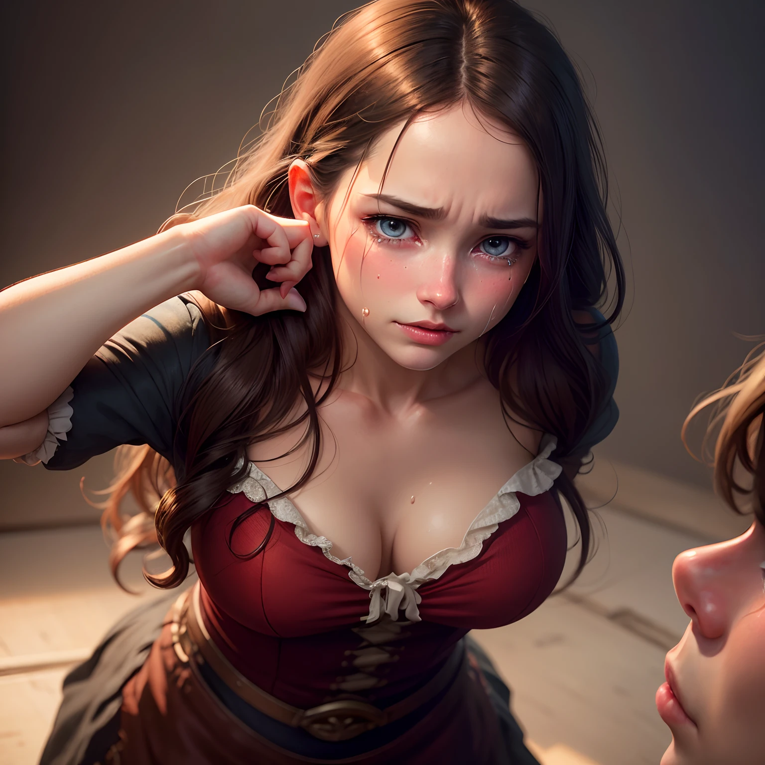 A beautiful western girl who is being spanked by a man, biting lips and tears, crying, realistic, innocent face, cutie patootie. perfect eyes, perfect lips, perfect nose, professional color graded, , dark background, cute woman, crying loudly, tears from eyes, red nose, Anna Dittmann