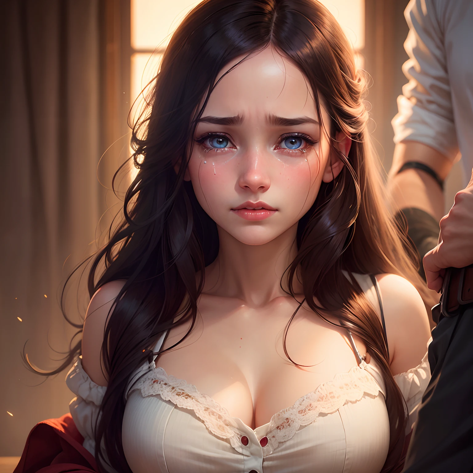 A beautiful western girl who is being spanked by a man, biting lips and tears, crying, realistic, innocent face,  cutie patootie. perfect eyes, perfect lips, perfect nose, professional color graded, , dark background, cute woman, crying loudly, tears from eyes, red nose, Anna Dittmann