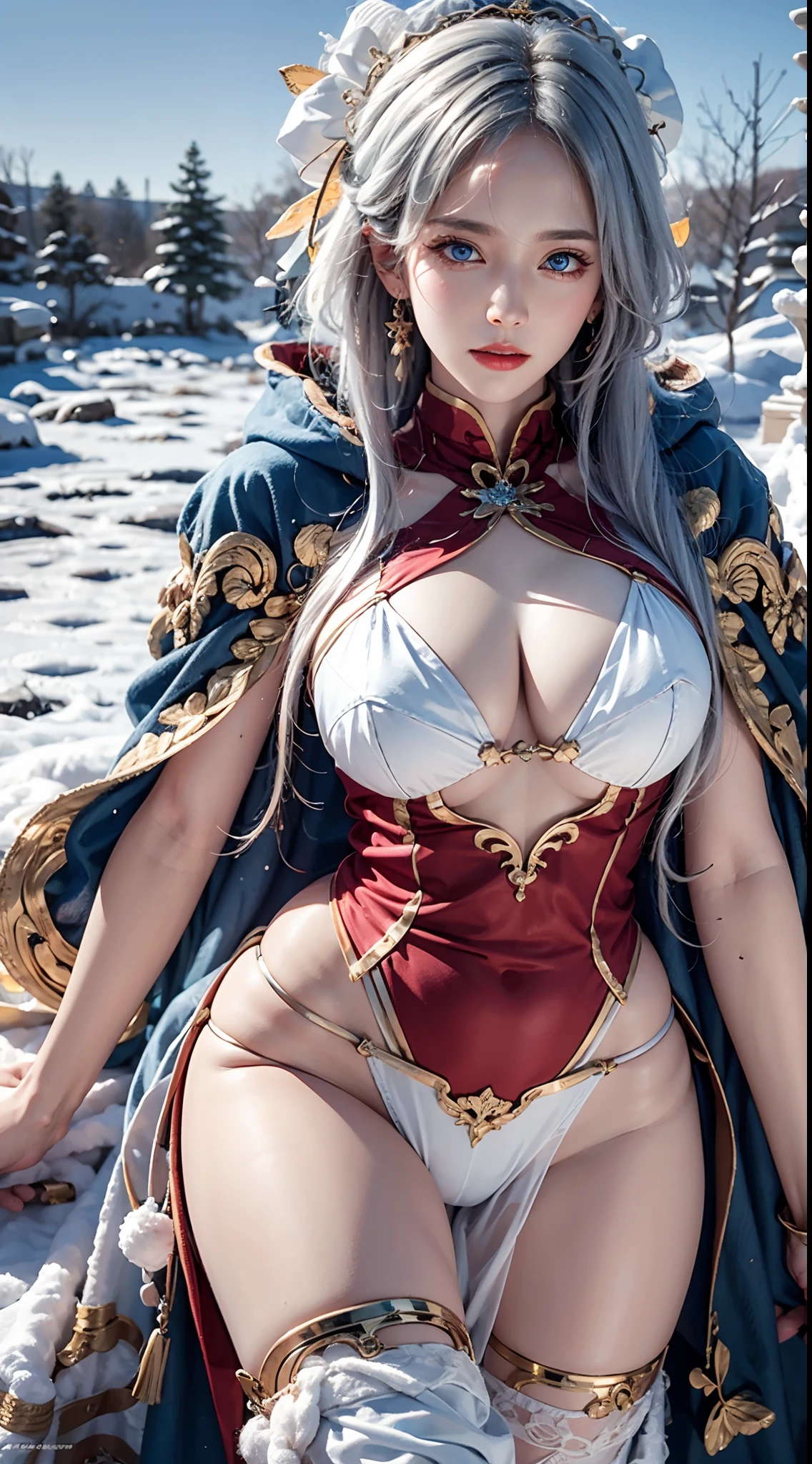 photorealistic, masterpiece, photorealistic, high resolution, soft light, hips up, (ta costume),Gorgeous costumes,Face the audience,The upper part of the body,upper legs, beautidful eyes, White hair, ringed eyes, (outside,Heavy snowfall,Cloak,Cover with snow),snowfield,Blue eyes,Illustrations of the highest quality,A meticulous face
