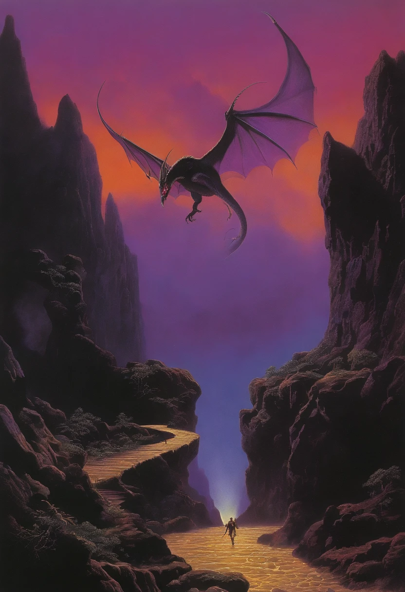 There is a dragon flying through the sky with a purple background, inspirado em Don Maitz, Arte de fantasia dos anos 8 0, Directed by: Don Maitz, Wayne Barlowe detalhou, Arte de fantasia dos anos 1980, estilo de tim branco, Wayne - Barlowe, Directed by: Wayne Barlowe, Estilo de Wayne Barlowe, Wayne Barlowe Greg Rutkowski