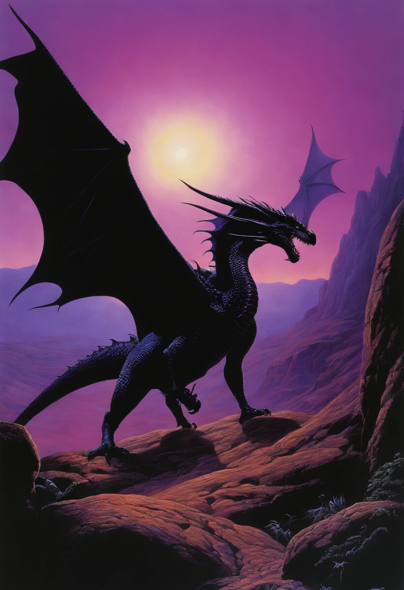 There is a dragon flying through the sky with a purple background, inspirado em Don Maitz, Arte de fantasia dos anos 8 0, Directed by: Don Maitz, Wayne Barlowe detalhou, Arte de fantasia dos anos 1980, estilo de tim branco, Wayne - Barlowe, Directed by: Wayne Barlowe, Estilo de Wayne Barlowe, Wayne Barlowe Greg Rutkowski