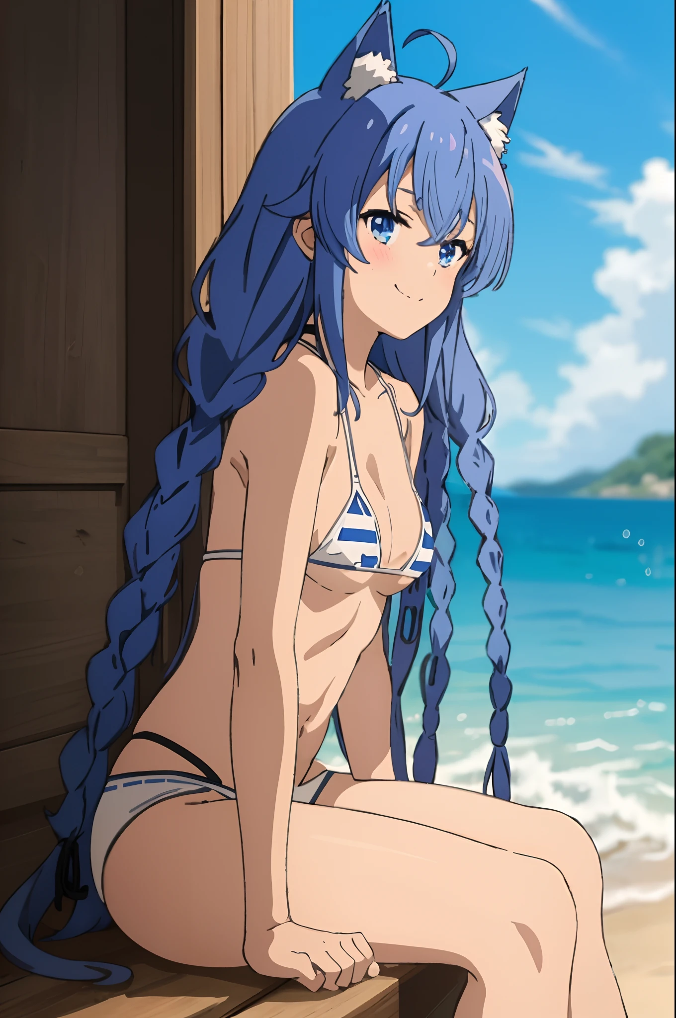 (masterpiece, best quality), Roxy, 1girl, solo, smile, blush, twin braids, long hair, blue hair, ahoge, cat ears, blue eyes, (((bikini))), (((white bikini))), small breasts, upper body, sitting, looking at the viewer, beach, sea