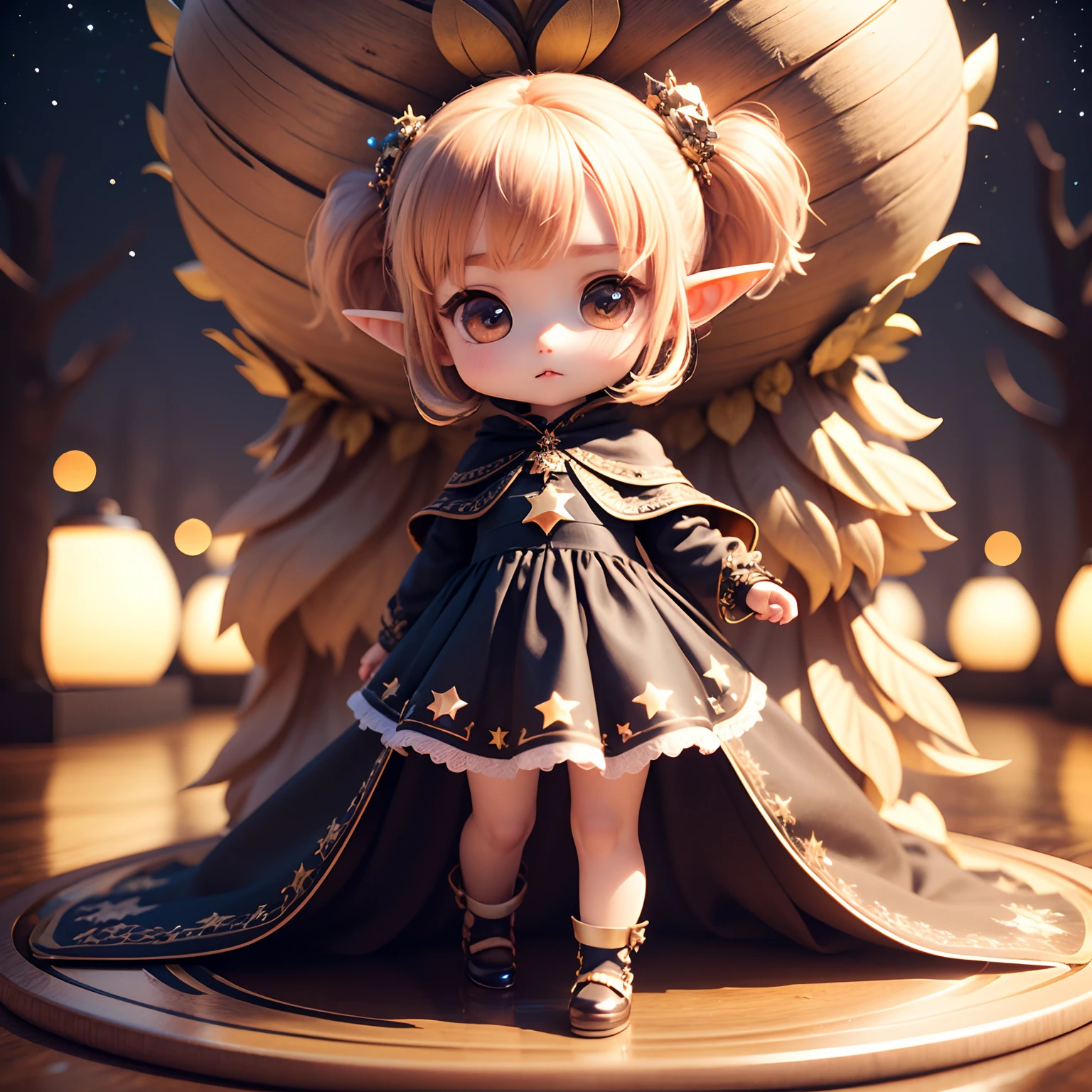 Cute Baby Chibi Anime、(((Chibi 3D))) (Best Quality), (masutepiece)、Chibi Elf、a small face、petite body、Jewelry Decoration Costumes、The background is a fairytale autumn forest、Night sky with stars shining in the galaxy、Standing、Have a glowing ball in the shape of a star