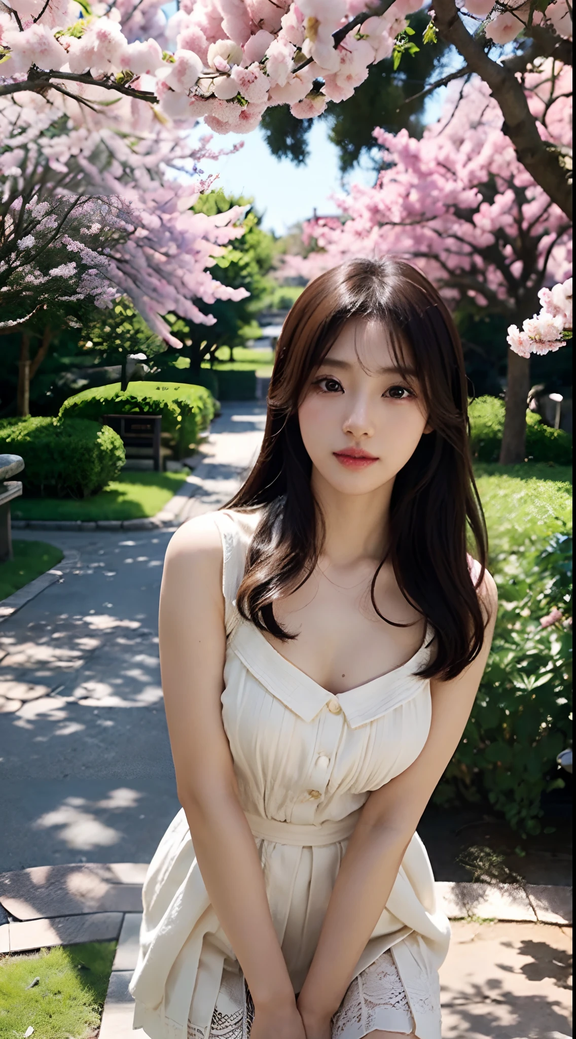 Best quality, 4K,8K,Realistic, Photorealistic, extremely detaile, An extremely delicate and beautiful, RAW photo, Japanese and Korean beauties，South Korean beauties，Wear JK, mini-skirts，Large breasts，(Beautiful detailed eyes,beautiful detailed lips,Extremely detailed eyes and face,long eyelasher), Beautiful hair, joyful expressions, Surrounded by cherry blossom trees, It has a kawaii anime style, In a picturesque garden full of sunshine. The artwork is of the best quality, With ultra-detailed features and realistic, Realistic touch. vibrant with colors，The lighting creates a warm atmosphere, Dreamy atmosphere.