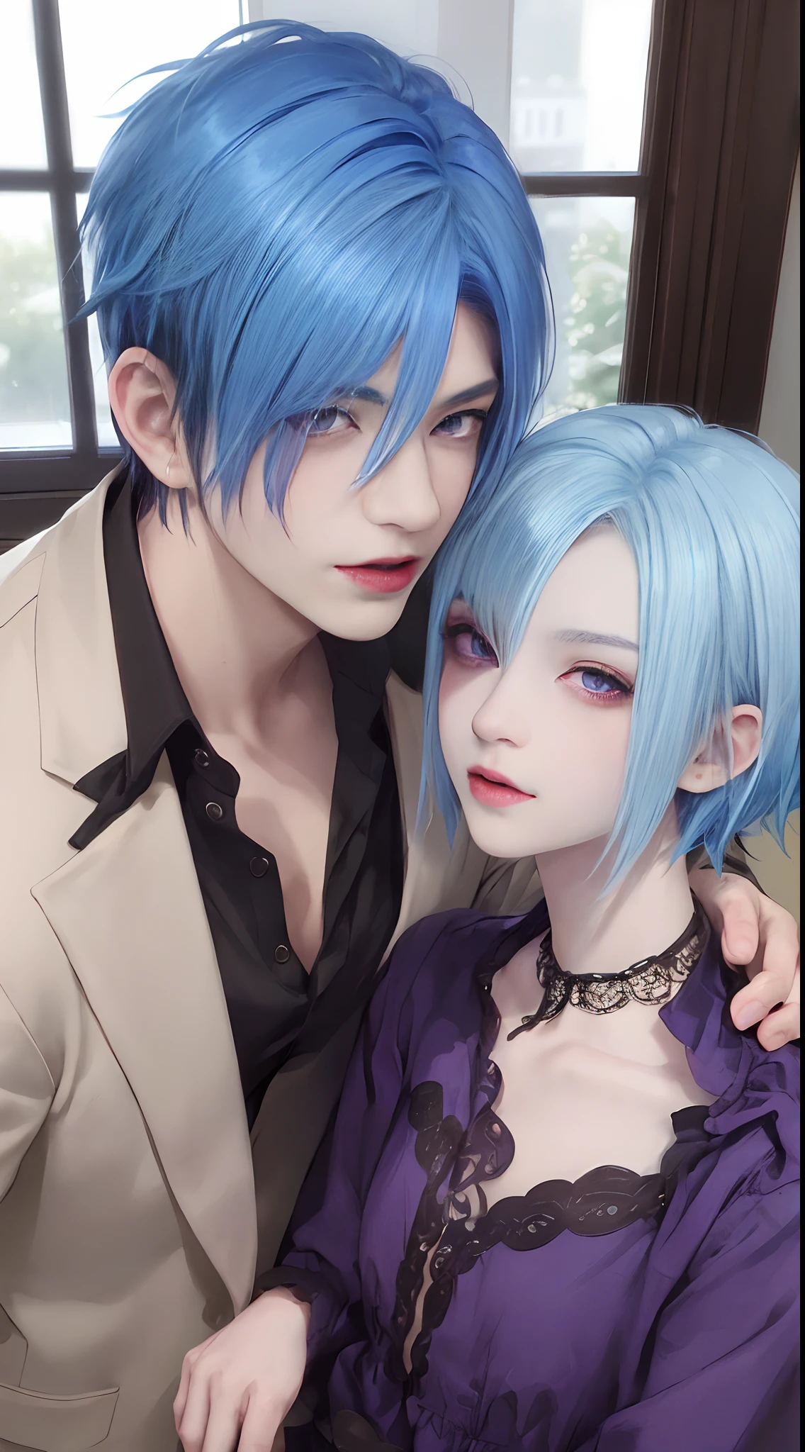 masterpiece, top-quality, 2Others, Male couple, 1 man and 1,, Adults, Height difference, different fashion, different color, finely eye and detailed face, intricate detailes, Casual clothing, window, A smile, Happiness, tenderness, queers, Boys Love, high-level image quality、 selfee, Two beautiful men、tall、The upper part of the body、nightfall、nighttime scene、𝓡𝓸𝓶𝓪𝓷𝓽𝓲𝓬、Korean Male, Idol Photos, k pop, Professional Photos, Vampires, Korean fashion in black and white, Fedoman with necklace, inspired by Sim Sa-jeong, androgynous vampire, :9 detailed face: 8, extra detailed face, detailed punk hair, ((eyes are brown)) baggy eyes, Seductive. Highly detailed, semi realistic anime, Vampires, hyperrealistic , delicate androgynous prince, imvu, short hair above the ears, Man with short hair, With a purple-haired man with a wild expression, Man with light blue hair with gentle expression, ((With a short-haired man with bright purple hair)), ((Man with light blue hair))