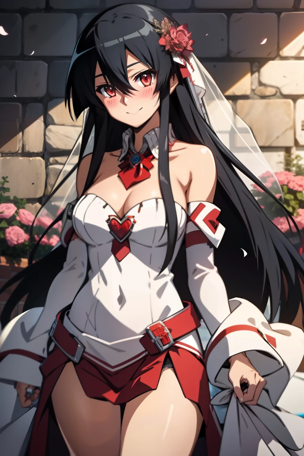 Akame (akame ga kill), wearing a off-shoulder strapless wedding dress, warm smile with a blush