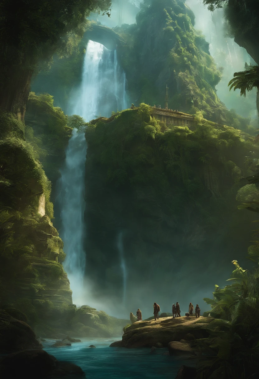 "In a distant, alien world, a group of explorers stumbles upon an ancient, overgrown city. The city is perched on the edge of a colossal waterfall, with towering, bioluminescent trees surrounding it. As they venture deeper into the city's ruins, they uncover a mysterious artifact that holds the key to unlocking the planet's long-forgotten secrets. Create an artwork that captures the awe and wonder of this moment."