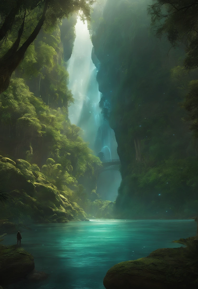 "In a distant, alien world, a group of explorers stumbles upon an ancient, overgrown city. The city is perched on the edge of a colossal waterfall, with towering, bioluminescent trees surrounding it. As they venture deeper into the city's ruins, they uncover a mysterious artifact that holds the key to unlocking the planet's long-forgotten secrets. Create an artwork that captures the awe and wonder of this moment."