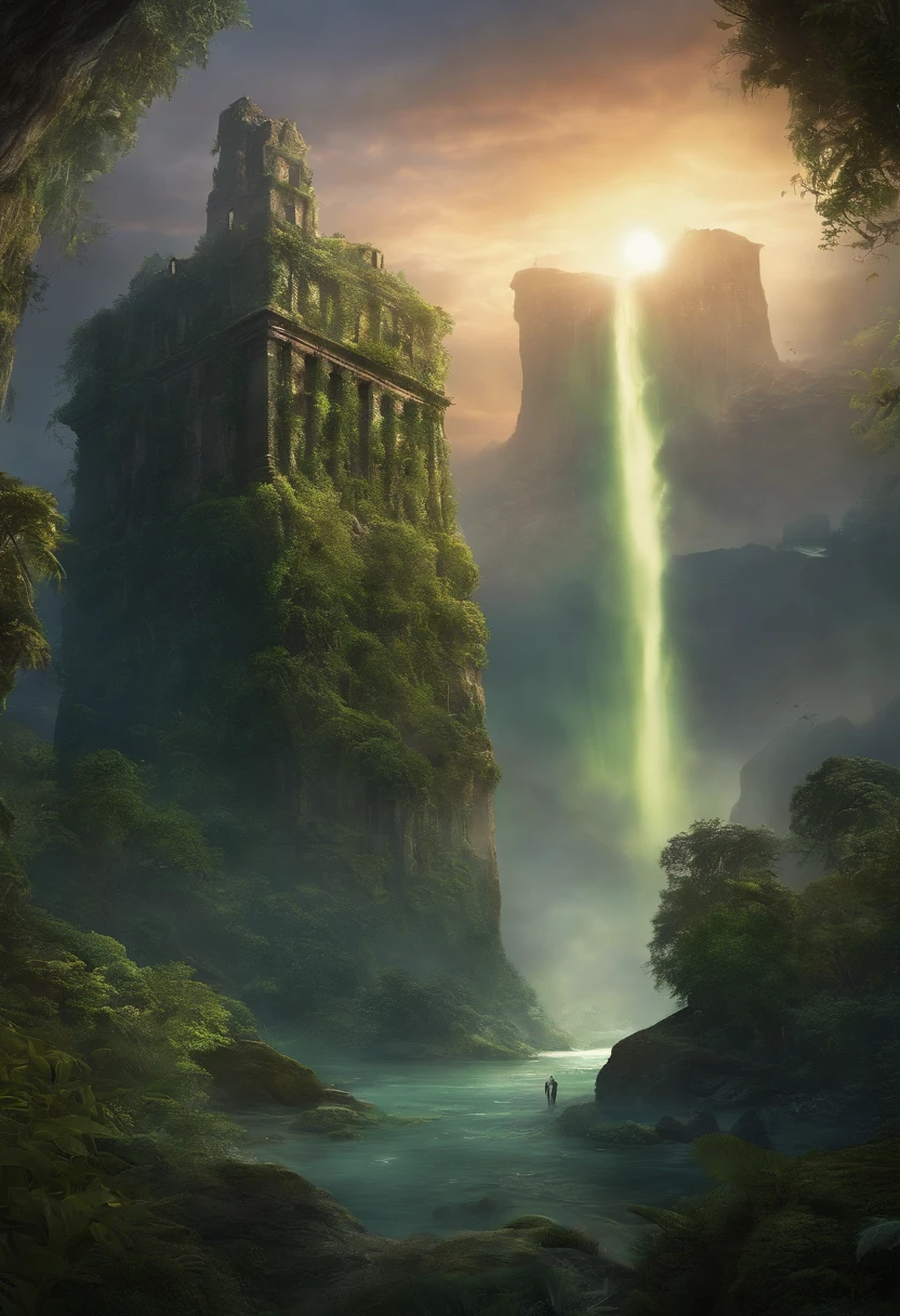 "In a distant, alien world, a group of explorers stumbles upon an ancient, overgrown city. The city is perched on the edge of a colossal waterfall, with towering, bioluminescent trees surrounding it. As they venture deeper into the city's ruins, they uncover a mysterious artifact that holds the key to unlocking the planet's long-forgotten secrets. Create an artwork that captures the awe and wonder of this moment."