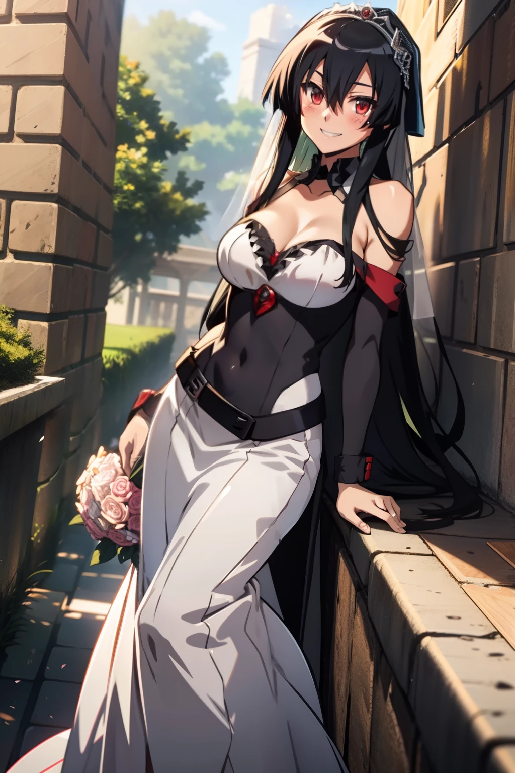 Akame (akame ga kill), wearing a off-shoulder strapless wedding dress, warm smile with a blush