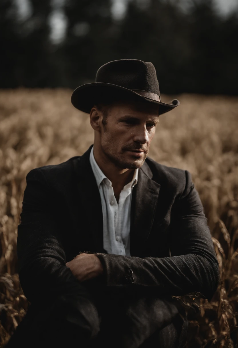 Portrait photo of a man wearing a black suit, full of wounds, looking at the camera, tall agricultural fields, a bit dark, Face full of wounds