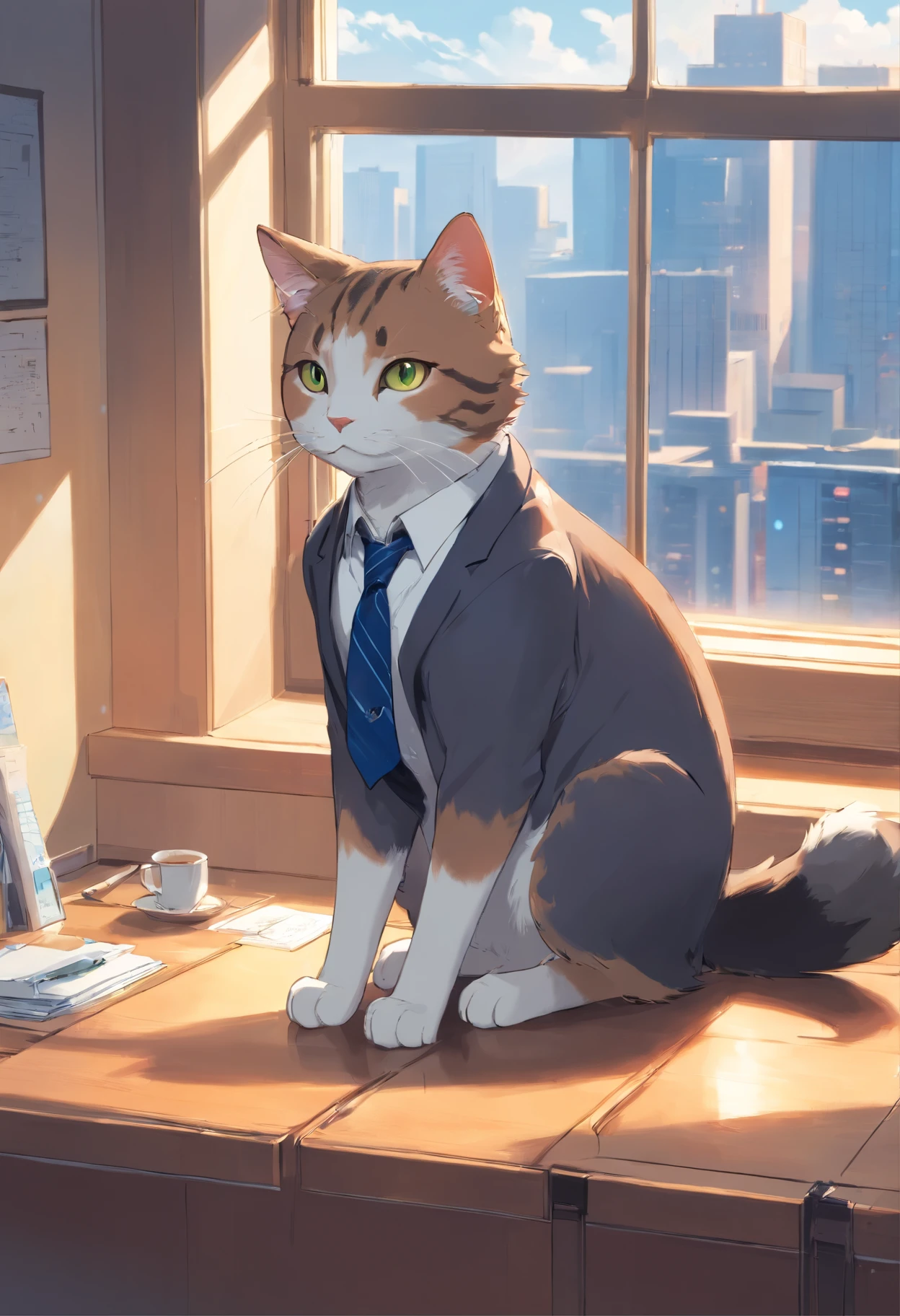 Cat in suit and tie standing by window, in a strict suit, in a strict suit, Portrait with a complete view of a standing figure , Dark suit, epic and classy portrait, highly detailed exquisite fanart, Official Character Art, well - dressed, dignified aristocrat, official character illustration, in his suit, Trending on ArtStation pixiv, high detailed official artwork, elegant cat , kindly smile , Gentle lol , Depicted from head to toe , Depiction that can be seen up to the feet