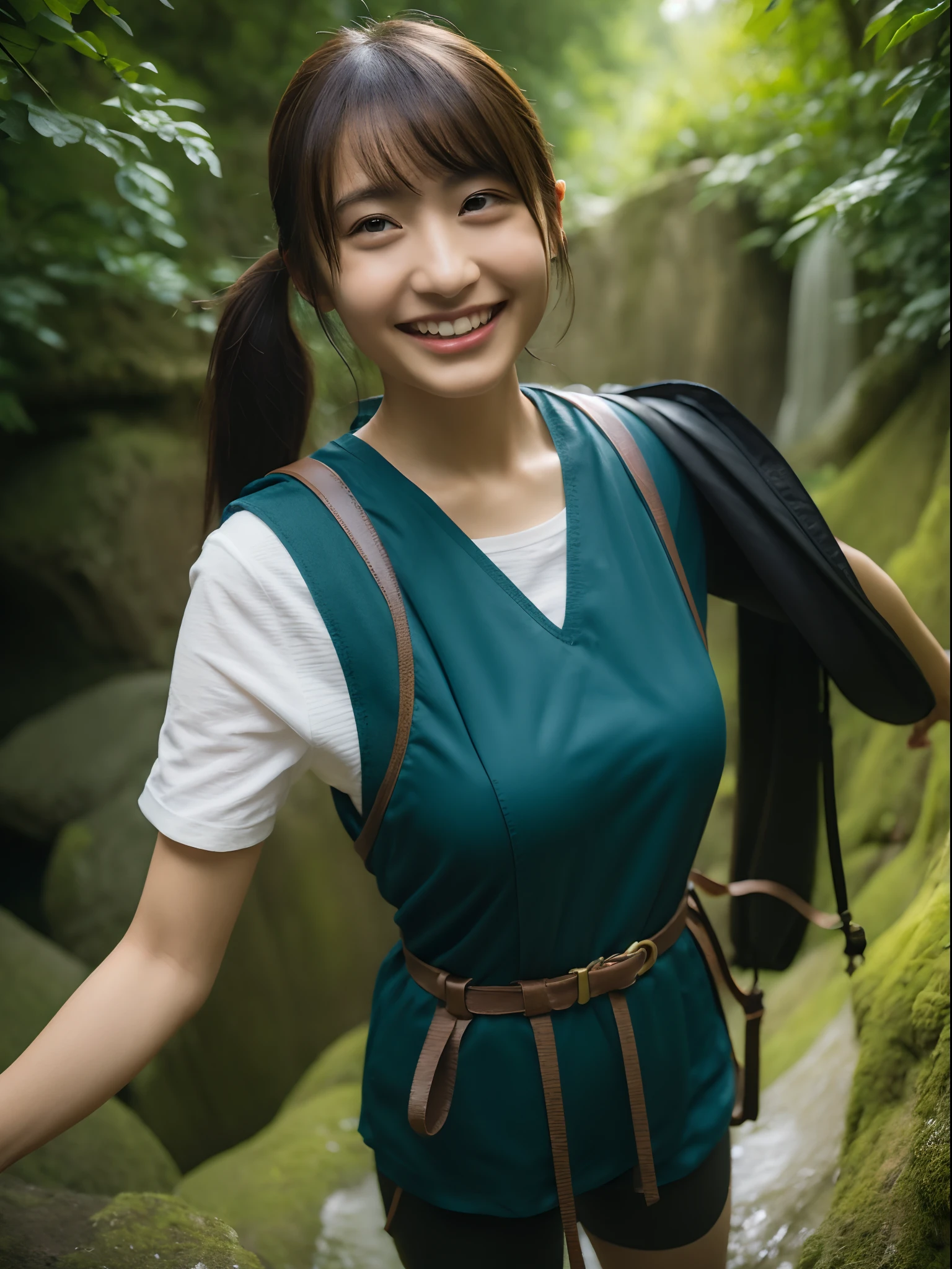 mountain climbing、Very big waterfall in the background、Otaki Climb、Emerald Green Waterhole、Hiking boots、Stream updates、(top-quality、8K、​masterpiece:1.3))、full body Esbian、long legged、Beautiful woman with perfect body shape:1.4、A slender、dark brown  hair、Mountaineering Wear、Highly detailed facial and skin texture、A detailed eye、二重まぶた、A smile、Beautiful breasts、Less exposure、backpack、poneyTail、Sawa tabi、helmets、Climbing rope、Happy smile