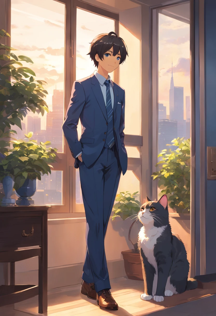 Cat in suit and tie standing by window, in a strict suit, in a strict suit, Portrait with a complete view of a standing figure , Dark suit, epic and classy portrait, highly detailed exquisite fanart, Official Character Art, well - dressed, dignified aristocrat, official character illustration, in his suit, Trending on ArtStation pixiv, high detailed official artwork, elegant cat , kindly smile , Gentle lol , Depicted from head to toe , Depiction that can be seen up to the feet