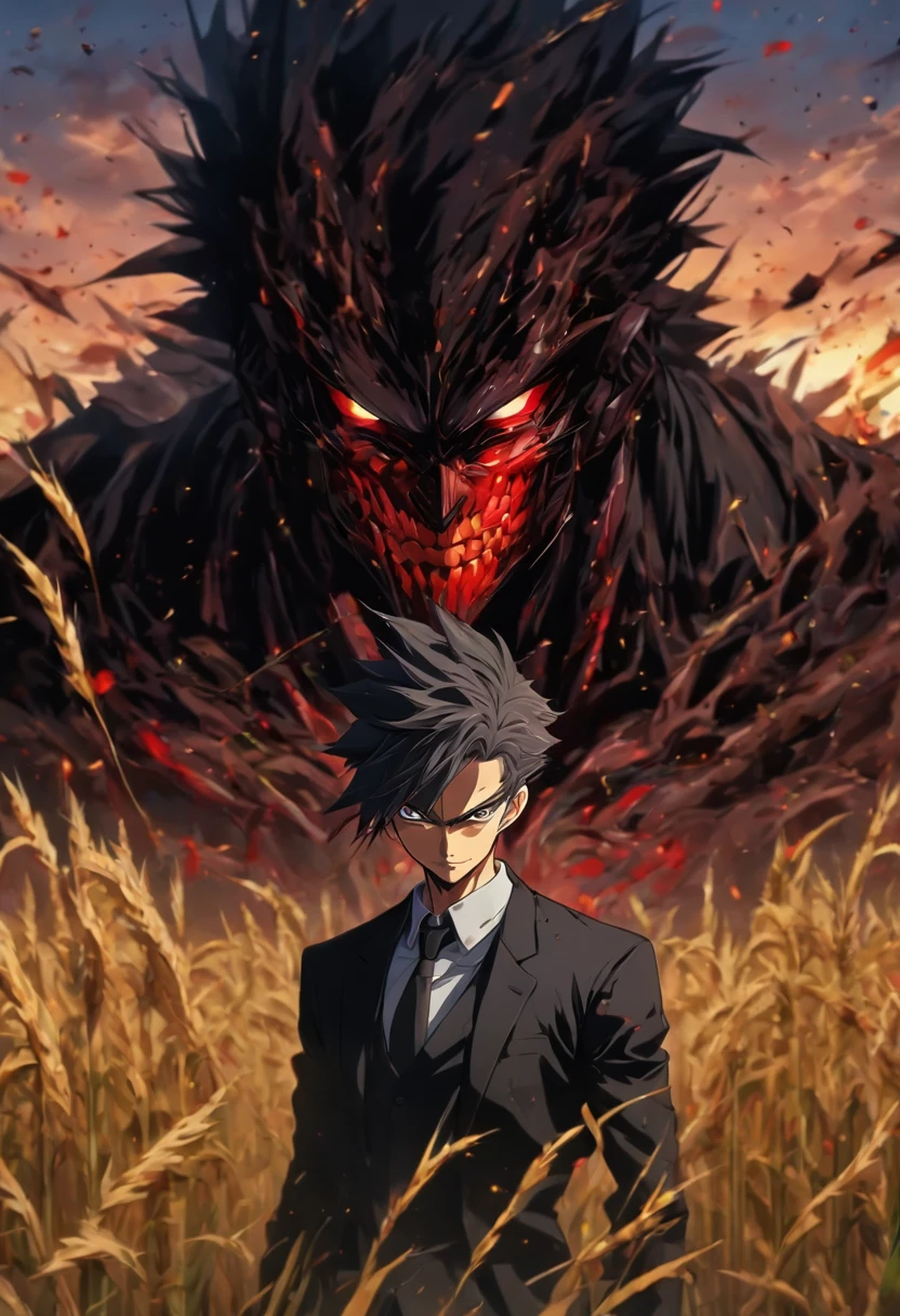 Portrait photo of a man wearing a black suit, full of wounds, looking at the camera, tall agricultural fields, a bit dark, Ultra detailed