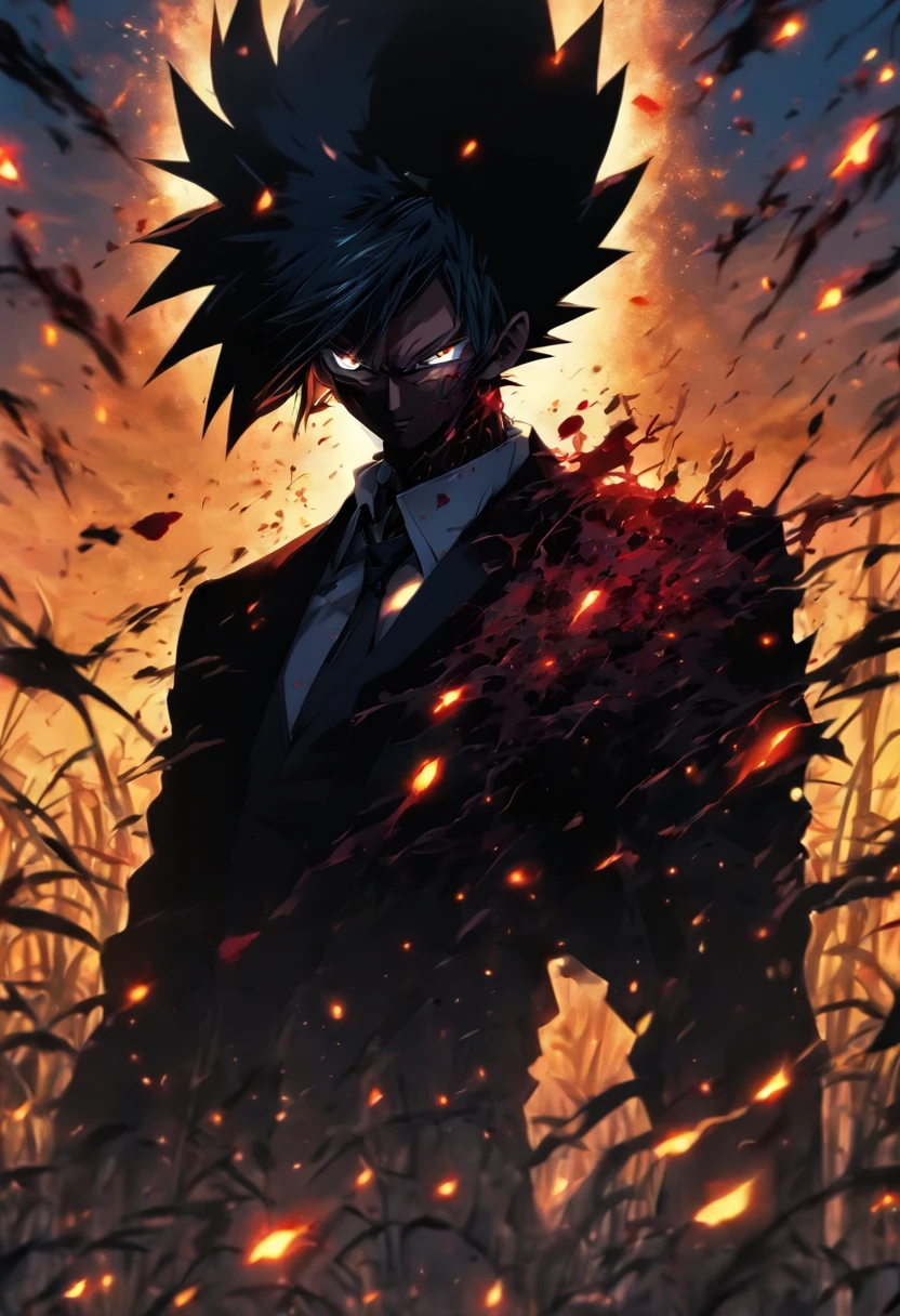 Portrait photo of a man wearing a black suit, full of wounds, looking at the camera, tall agricultural fields, a bit dark, Ultra detailed