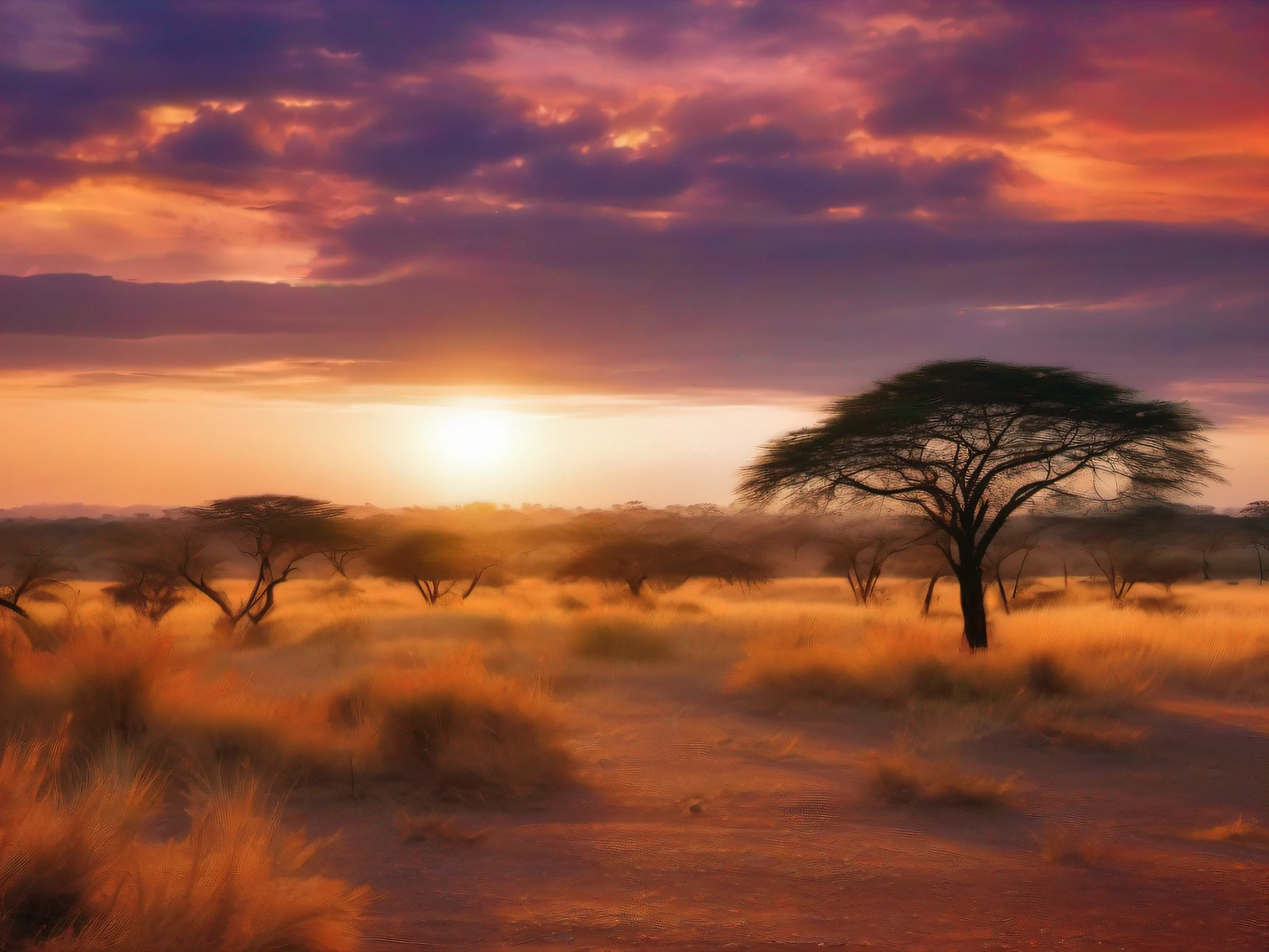 realistic photo of an African savannah, fine details, extreme fidelity, vivid colors, colorful, panoramic vision, golden hour,