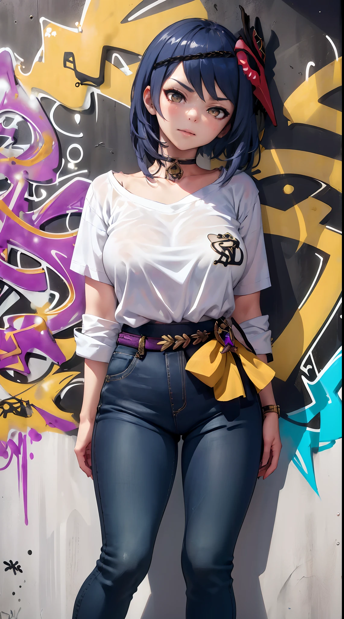 Kujou Sara Genshin Effect, masterpiece, bestquality, 1girls, oversized breasts, bara, Suit shirt, Long Jeans, choker, (Graffiti:1.5), Splash with purple lightning pattern., arm behind back, against wall, View viewers from the front., Thigh strap, Head tilt, bored, water eyes,