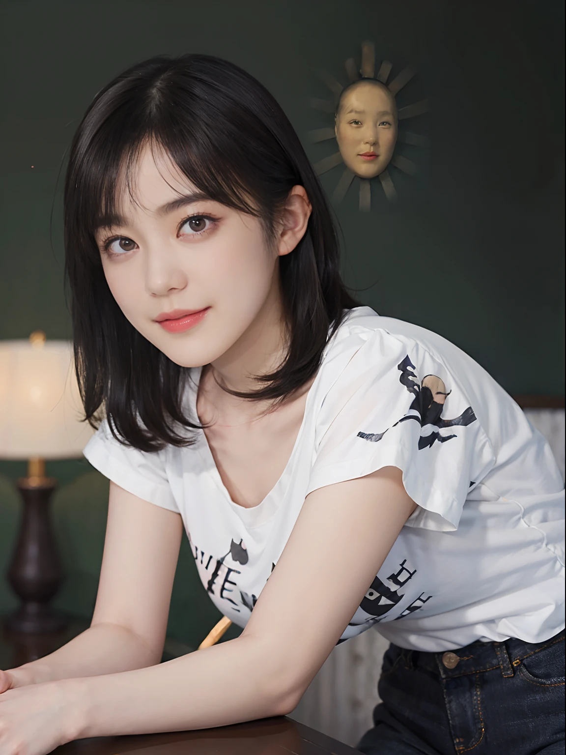 ((1womanl)), (((Black-short-hair))), (masuter piece:1,3)、top-quality、masterpiece、hight resolution、Original、highly detailed wallpaper、jeans、Large ribbon, (A slight smil)、a small face、((Breast bulge))、(Graphic T-shirt with animal character printed)、(light on face)、Live-action style, Beautiful facial features, darkened room, full-shot, full length