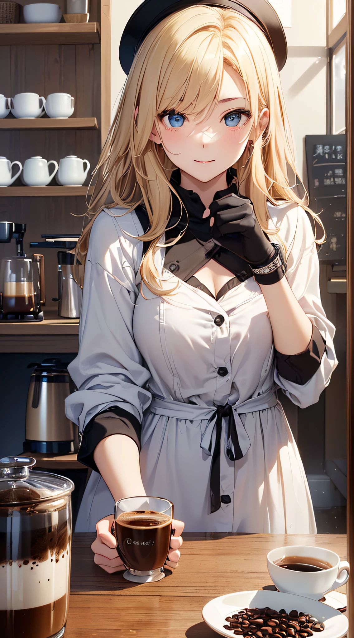 (small breasts:1.2), (perky chest:1.2), (pointed chest:1.2), (Pudding caffe magazine cover:1.3),(from above:1.0),(shoot from the side:0.9),masterpiece, 1girl, Amazing Cleavage:1.1, thin waist, optimum,tmasterpiece,hight resolution,best qualtiy,hyper HD,super detailing,awardwinning,a 18yo cute girl,(The upper part of the body),anatomy correct,Beautiful Black miniskirt,garters,Gaze,Small face,bangss,holster,Beautuful Women,hands up,leg holster,Gaze,black boots,Cowboy Shot,cute face,a blond,Longhaire,Twin-tailed,Braids, Hairline,(scarlet eyes),long eyelasher,Hanging eye corners,White skin of the, ((see through brown camisole:0.6)), ((Sheer nipples:1.0)),Rocket Tits,(Slim body),smile,seductive weak smiling,(with sparkling eyes and a contagious smile:1.1),little open mouth, Looking at Viewer,