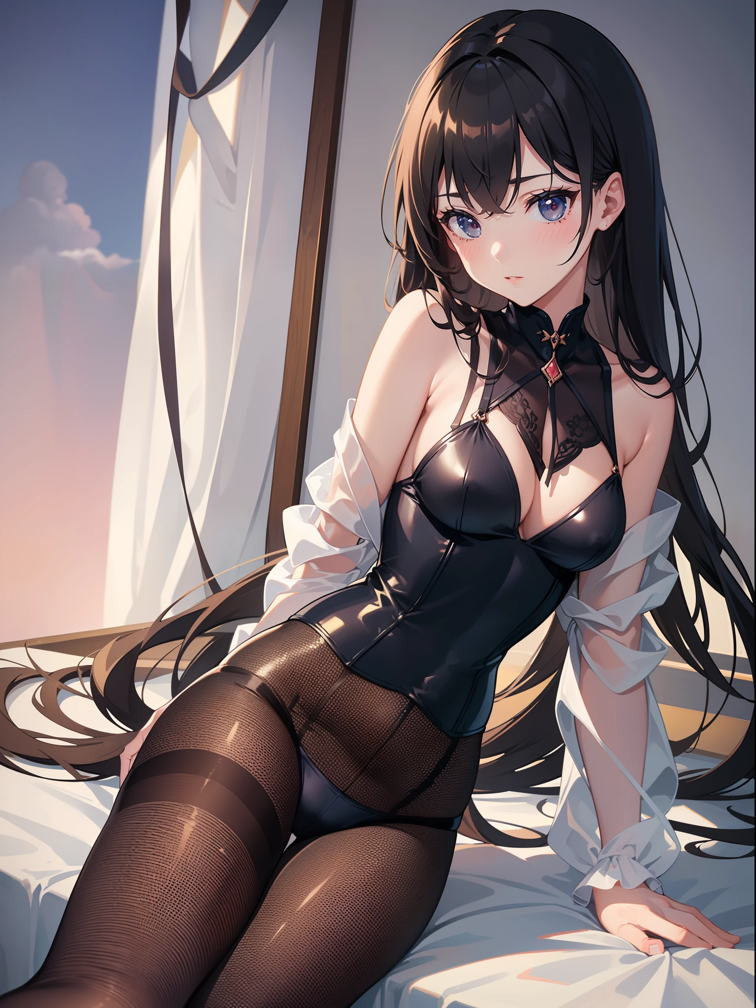 1 girl , sitting, cowboy shot, from below ,office suit, blush, (panties under pantyhose) ,((masterpiece)), ((best quality)), ((ultra-detailed)), (illustration), ((an extremely delicate and beautiful))