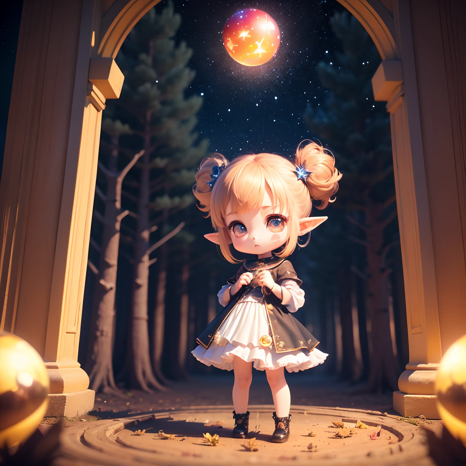 Cute Chibi Anime、(((Chibi 3D))) (Best Quality), (masutepiece)、Chibi Elf、a small face、petite body、Jewelry Decoration Costumes、The background is a fairytale autumn forest、Night sky with stars shining in the galaxy、Standing、(Have a glowing ball in the shape of a star:1.2)