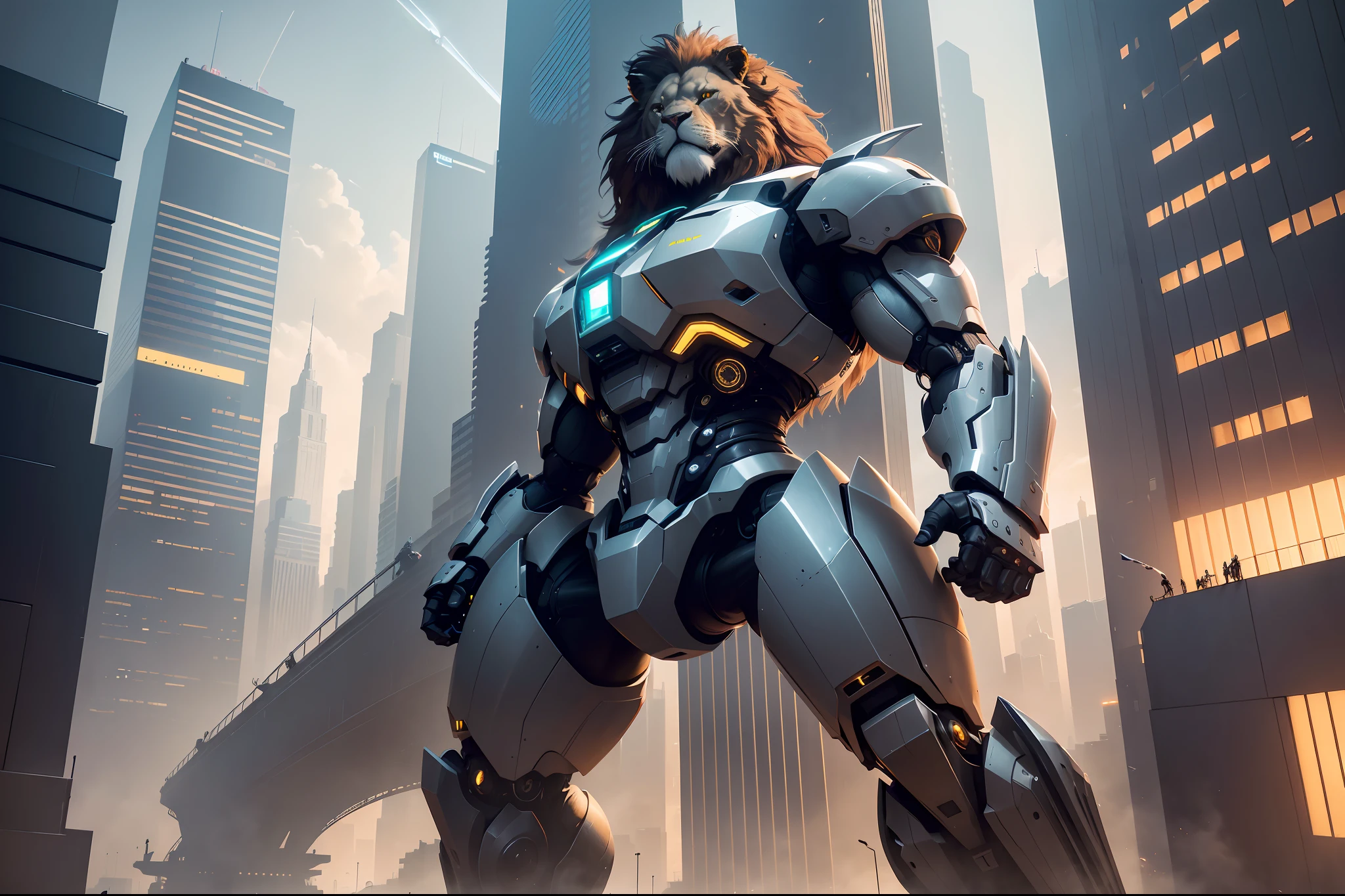 (best quality,4k,8k,highres,masterpiece:1.2),ultra-detailed,realistic,photorealistic:1.37,cityscape,futuristic,mechanical lion,semi-cyborg,dominance,power,overlooking,metallic,imposing,skyscrapers,advanced technology,advanced robotics,artificial intelligence,gleaming,high-tech,streets,illuminated,nighttime,giant robotic lion,helicopter drones,wireframe structures,sleek design,urban metropolis,thriving,flourishing,advanced transportation systems,hovercars,flying vehicles,glowing neon lights,vibrant colors,contrast,shadows,beams of light,powerful presence,awe-inspiring,daring architecture,massive buildings,crowded,controlled chaos,people bustling,metallic textures,precision craftsmanship,sharp edges,modern marvels,industrial revolution,prominent monorails,futuristic fashion,high energy,excitement,impressive scale,impressive complexity,artistic beauty,spectacular view,grandeur,technological advancements,evolution,progress,unrealistic,unbelievable,imaginative,unparalleled,unforgettable.