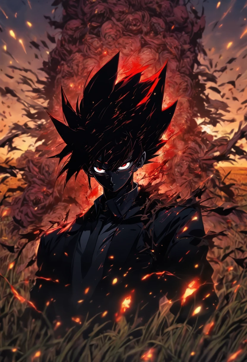Portrait photo of a man wearing a black suit, full of wounds, looking at the camera, tall agricultural fields, a bit dark, Ultra detailed