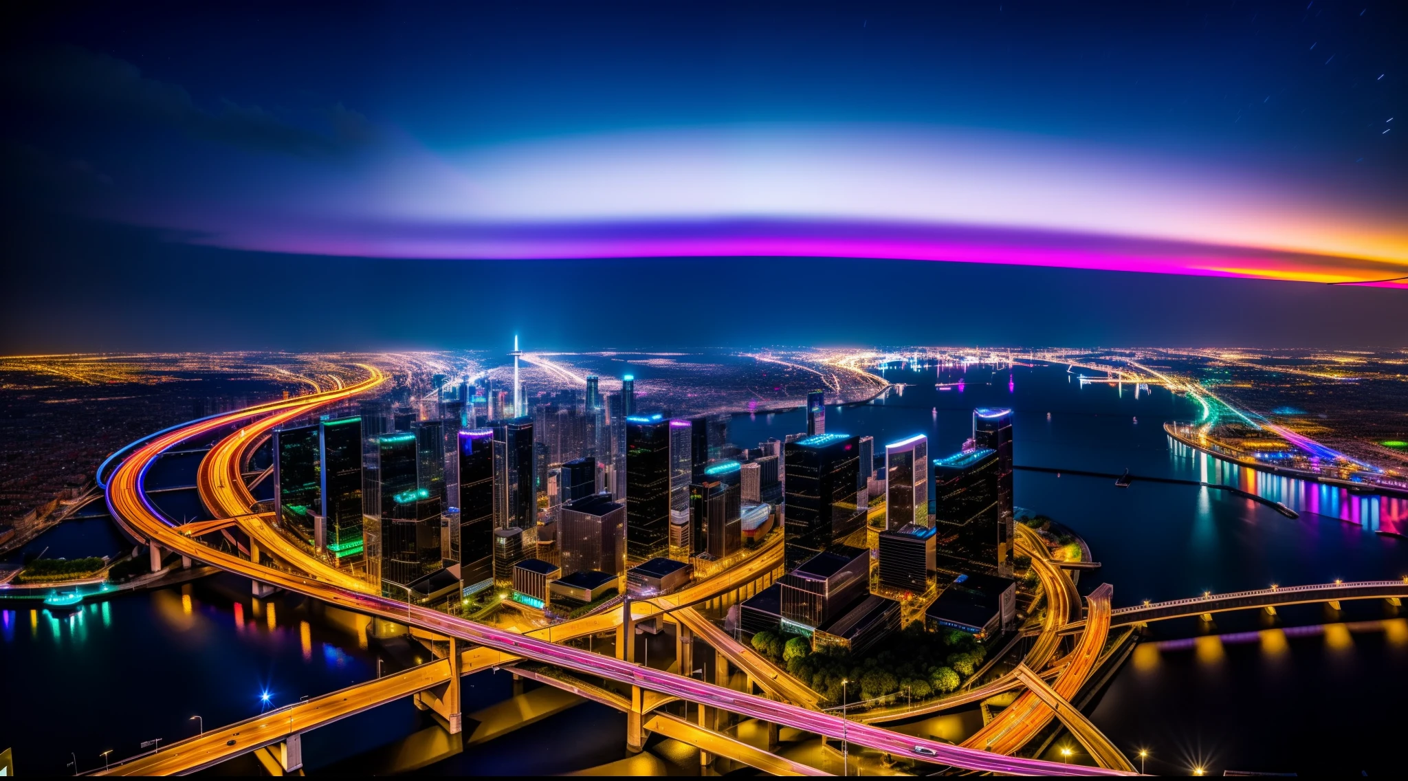 (best quality,4k,8k,highres,masterpiece:1.2),ultra-detailed,(realistic,photorealistic,photo-realistic:1.37),rainbow over landscape,beautiful and colorful. The scene depicts a cyberpunk city with towering futuristic skyscrapers stretching towards the sky. The city is illuminated by vibrant neon lights and surrounded by a dark, mysterious atmosphere. The rainbow arcs gracefully across the sky, casting a soft, iridescent glow over the entire scene. 

The landscape is meticulously rendered with intricate details, showcasing the intricate architecture of the city. Each building is distinct and showcases a variety of futuristic designs, such as sleek curves, sharp edges, and holographic projections. The textures are hyperrealistic, with every surface reflecting light and shadow with precision and depth. 

The HDR lighting enhances the contrast between the bright neon lights and the dark shadows, creating a dynamic and immersive environment. The city is bathed in a variety of vibrant colors, ranging from electric blues and purples to fiery oranges and pinks. These vivid colors add to the futuristic and cyberpunk aesthetic of the scene.

The dynamic light and well-developed shadows further enhance the depth and realism of the image. The light sources, such as streetlights, holographic billboards, and signs, cast long, dramatic shadows, creating an atmosphere of mystery and intrigue. The scene is alive with movement, as the light flickers and dances across the cityscape, creating a mesmerizing and captivating visual experience.

The overall composition is carefully balanced, with the rainbow serving as a focal point, drawing the viewer's eye towards the center of the image. The rainbow itself is beautifully rendered, with vibrant bands of color seamlessly blending together. It arches over the city, creating a sense of harmony between nature and technology.

The attention to detail and high resolution of the image, with the 4K and 8K resolution, allows for a truly immersive a