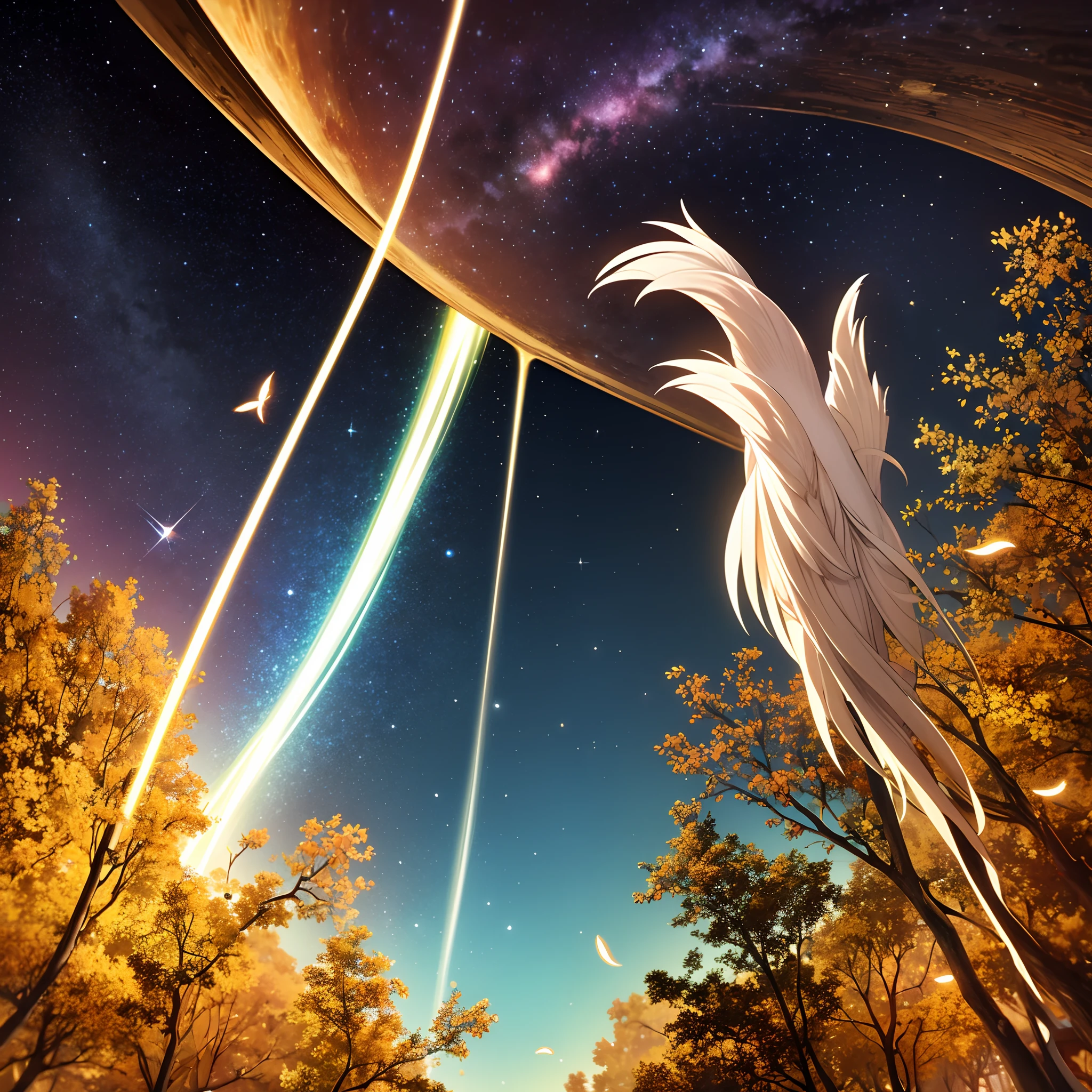 high quality,ultra-detailed space scene,realistic planetary formations,vibrant colors,dazzling stars,ethereal galaxy,striking nebulae,distant galaxies,cosmic dust,celestial bodies,captivating interstellar sky,a majestic tree standing tall,branches stretching outwards,reaching for the stars,leaves shimmering in the cosmic light,tranquil and serene atmosphere,a perfect harmony between nature and the universe