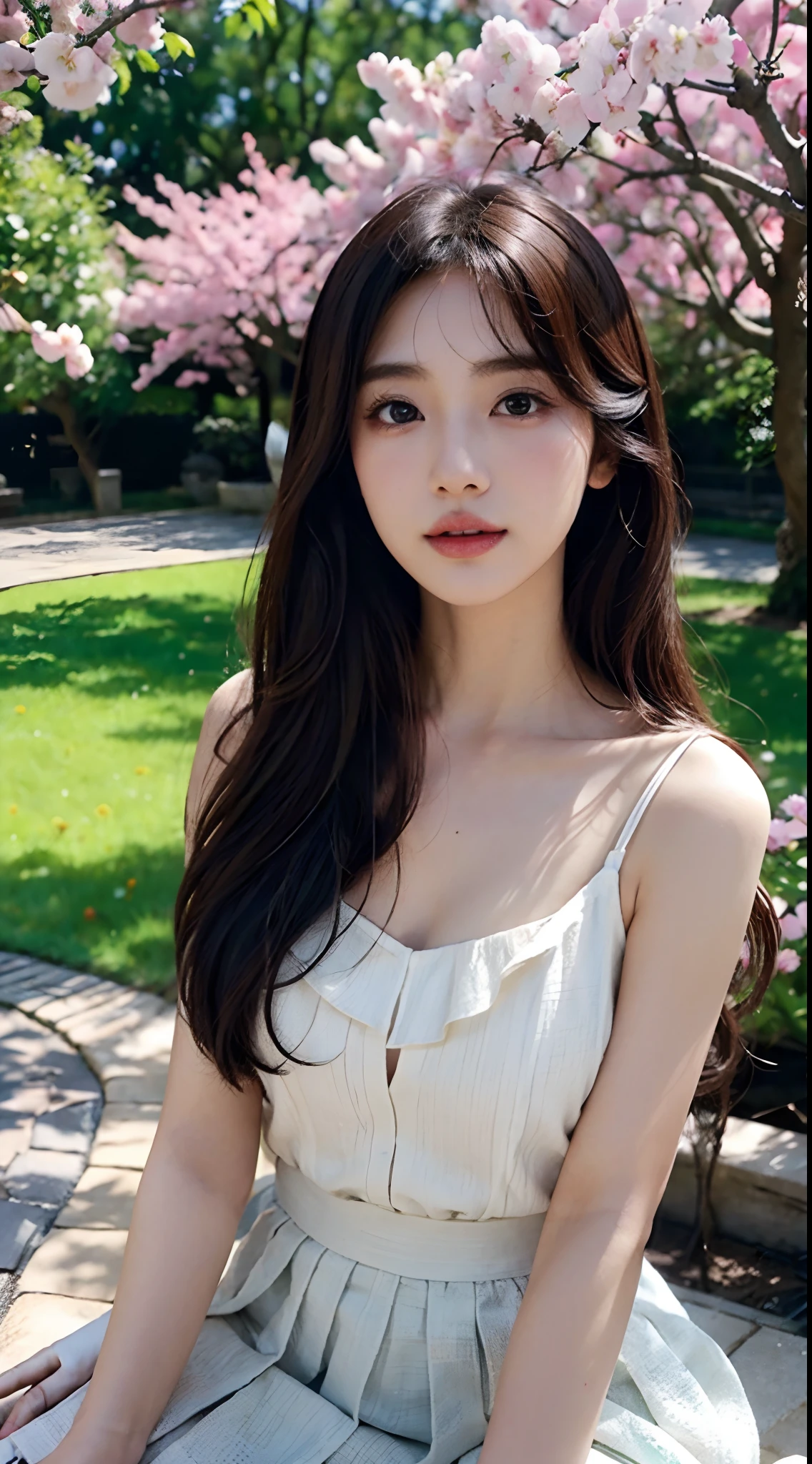 Best quality, 4K,8K,Realistic, Photorealistic, extremely detaile, An extremely delicate and beautiful, RAW photo, Japanese and Korean beauties,South Korean beauties,Wear JK, mini-skirts,Large breasts,(Beautiful detailed eyes,beautiful detailed lips,Extremely detailed eyes and face,long eyelasher), Beautiful hair, joyful expressions, Surrounded by cherry blossom trees, It has a kawaii anime style, In a picturesque garden full of sunshine. The artwork is of the best quality, With ultra-detailed features and realistic, Realistic touch. vibrant with colors,The lighting creates a warm atmosphere, Dreamy atmosphere.