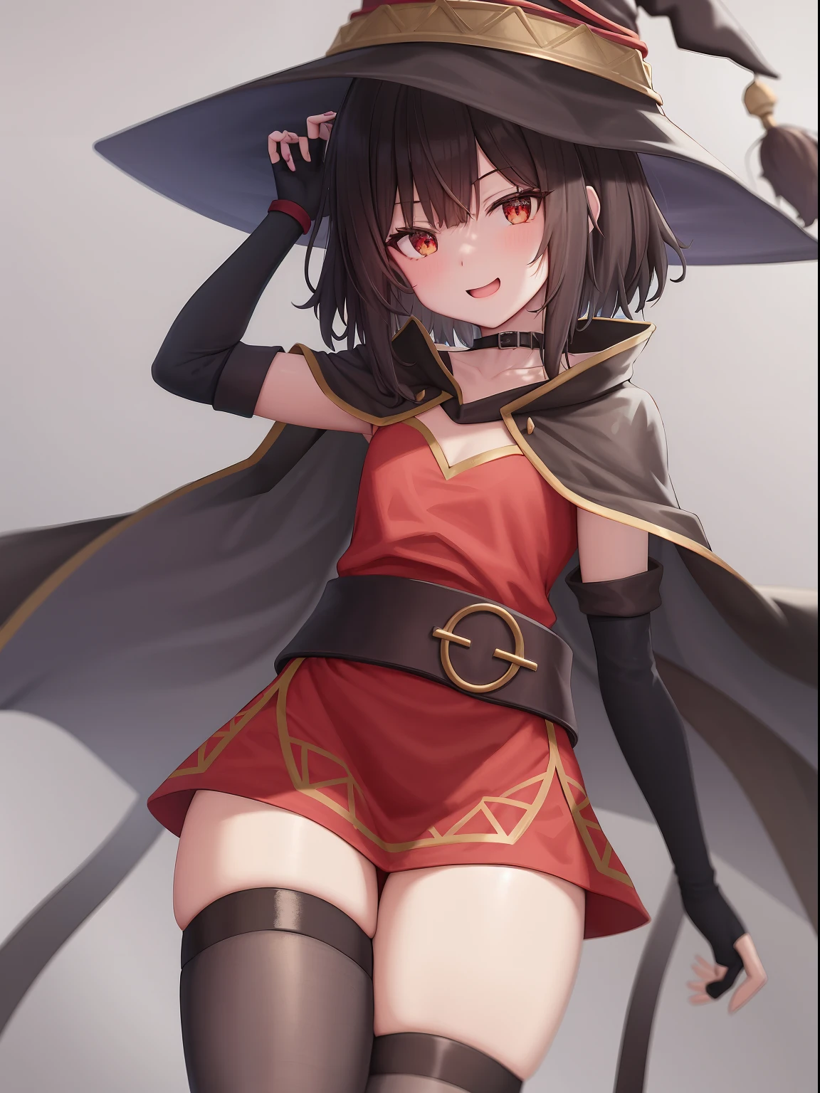 Megumin, Crazy Wizard, 1 Girl, Solo, Witch Hat, Brown Hair, Long Short Hair, Red Eyes, Blush, Evil Smile, Black Choker, Clavicle, Flat Chest, Off-Shoulder Dress, Red Dress, Brown Cloak, Long Sleeves, Black Gloves, Fingerless Gloves, Brown Belt, Gold Trim, (Asymmetrical legs: 1.4), unmatched legwear, (bandaged legs: 1.3), black thighs, (arms behind the back: 1.3), simple background, high quality, high resolution.