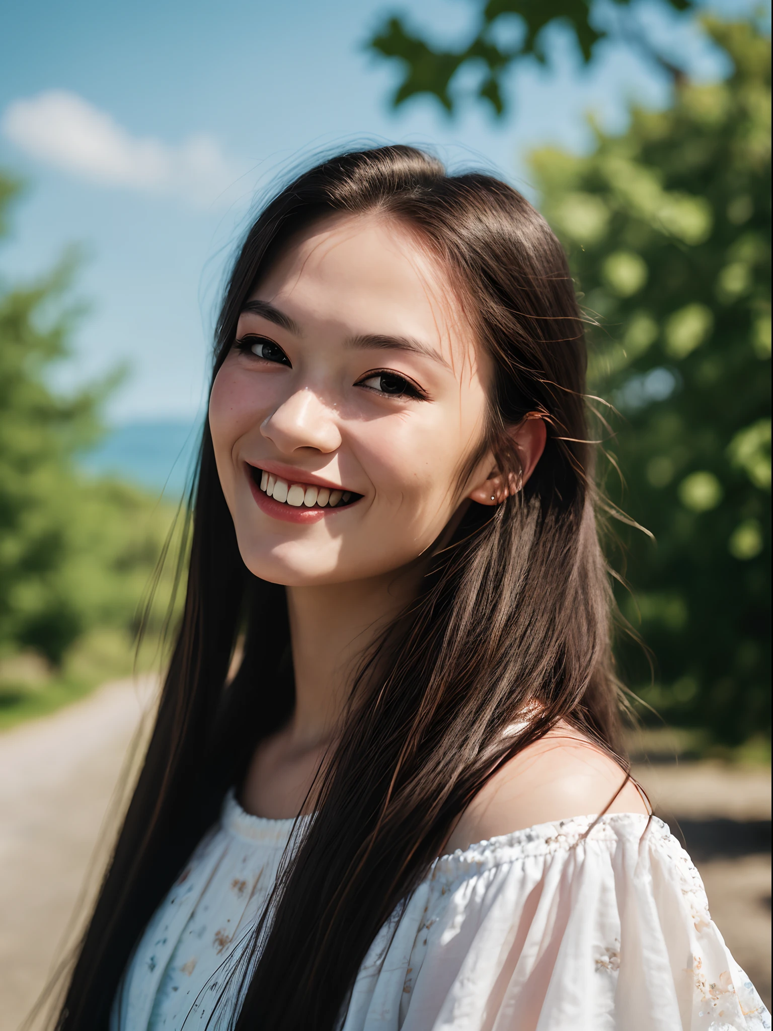 Woman posing for a photo, Kaihuai, cheerfulness, Long hair, Straight hair, Fine fine skin, During the day, Hot summer days, Natural lighting, Detailed face:1.2, Sharp focus, Hasselblad photograp, Masterpiece, Light makeup, Cinematic lighting, 4K, Best quality