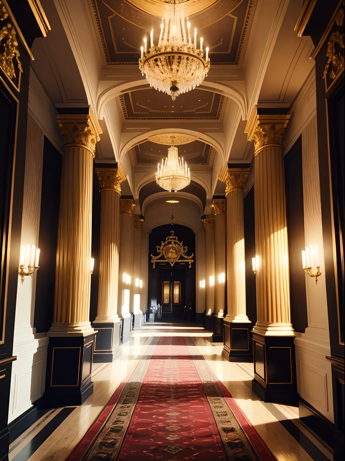 Nordic-style imperial hall with columns, paredes y suelo negros, with gold décor and a long red carpet. Al fondo, un imponente trono dorado estilo Asgard.