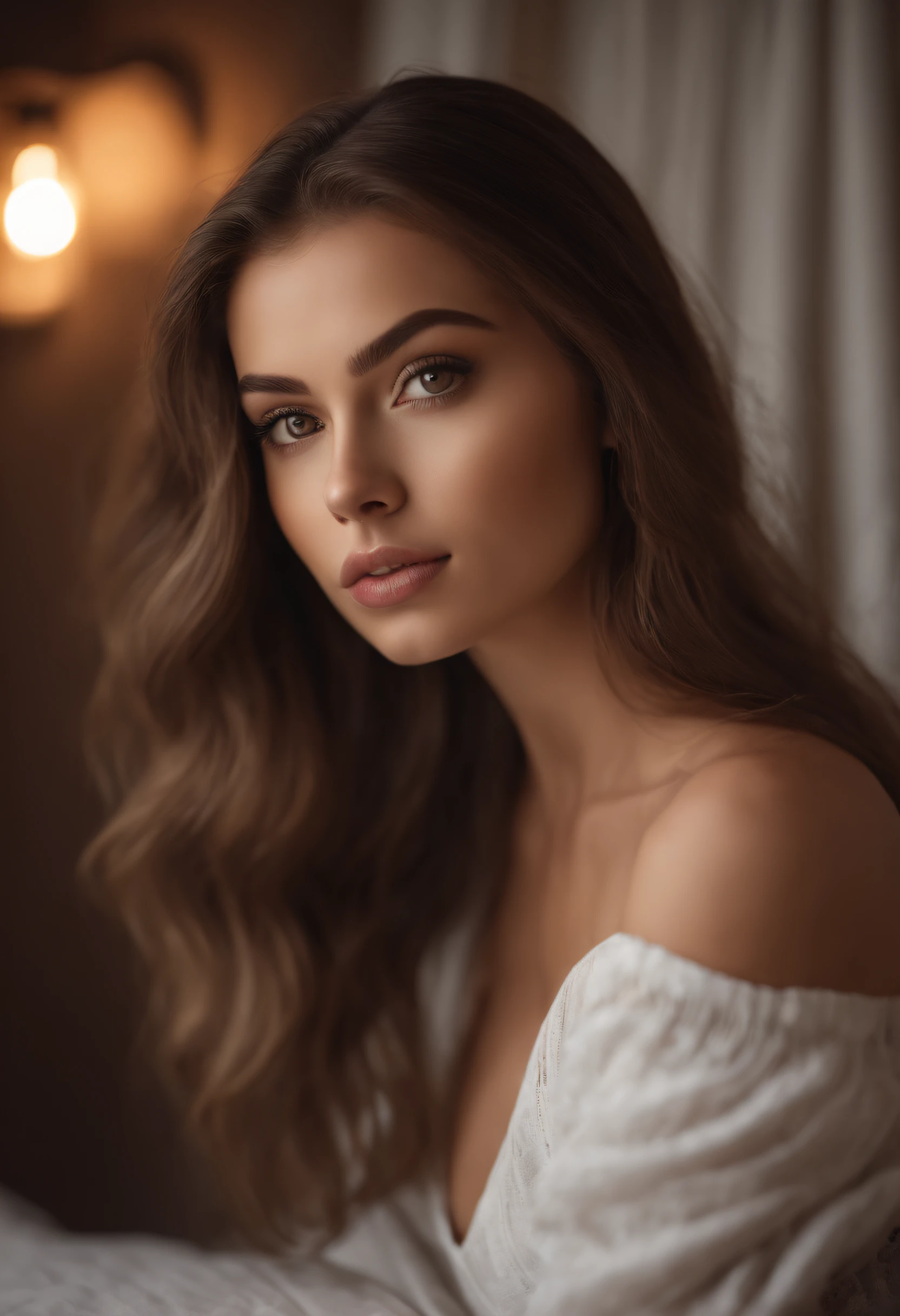 arafed woman fully , sexy girl with brown eyes, ultra realistic, meticulously detailed, portrait sophie mudd, brown hair and large eyes, selfie of a young woman, bedroom eyes, violet myers, without makeup, natural makeup, looking directly at the camera, face with artgram, subtle makeup, stunning full body shot kneeling on bed, in bedroom, medium to large size bust