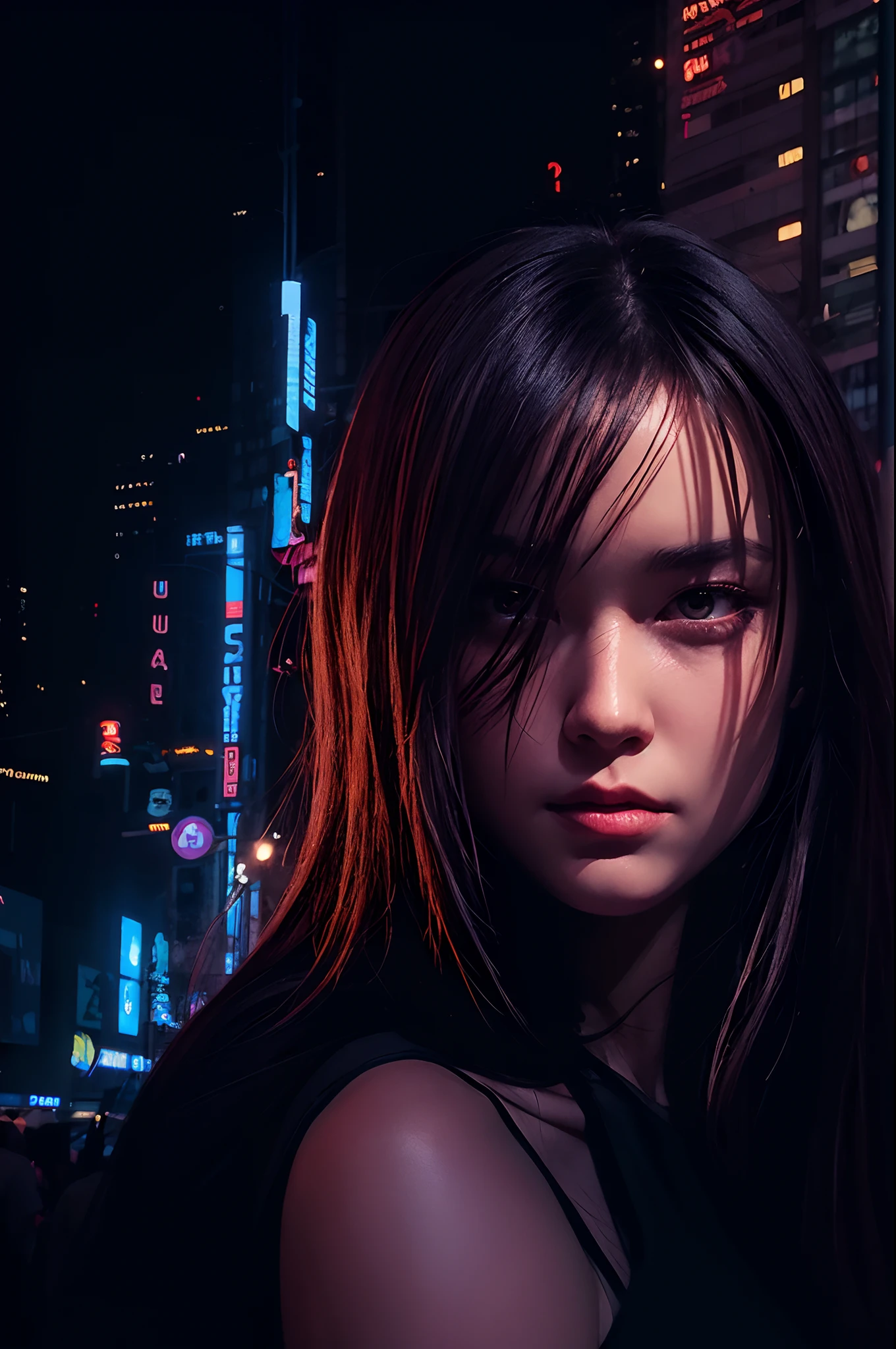 girl,1 female detailed face time square detailed background cyberpunk shadow dramatic lighting by Bill Sienkiewicz ( SimplepositiveXLv1:0.7)