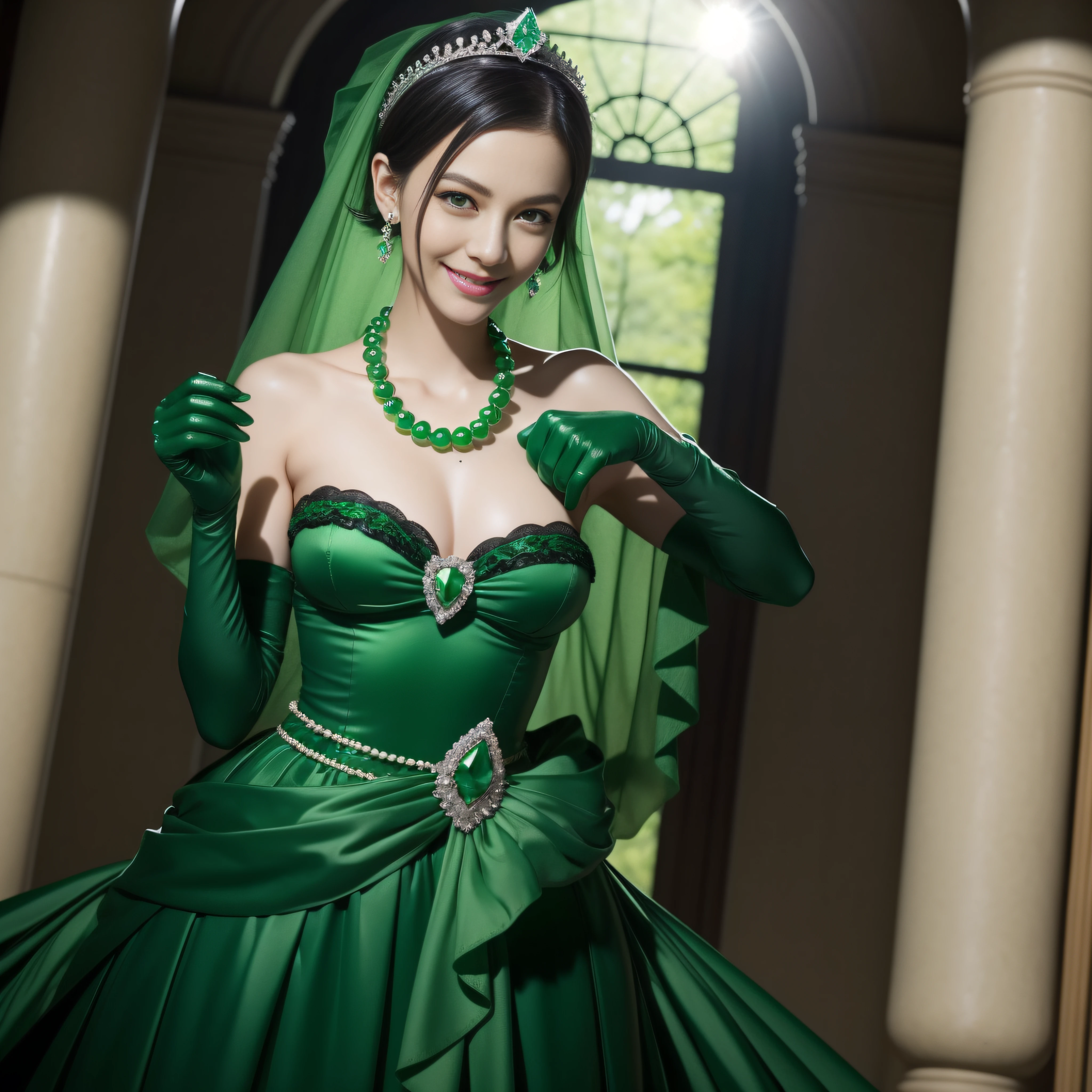 emerald tiara, Green Pearl Necklace, Boyish very short black hair, lipsticks, Japan woman smiling, very very short green hair, big breasts beautiful, Green eyes, Long green gloves made of satin material, Green eyes, Emerald Earrings, Surgical wounds in the chest